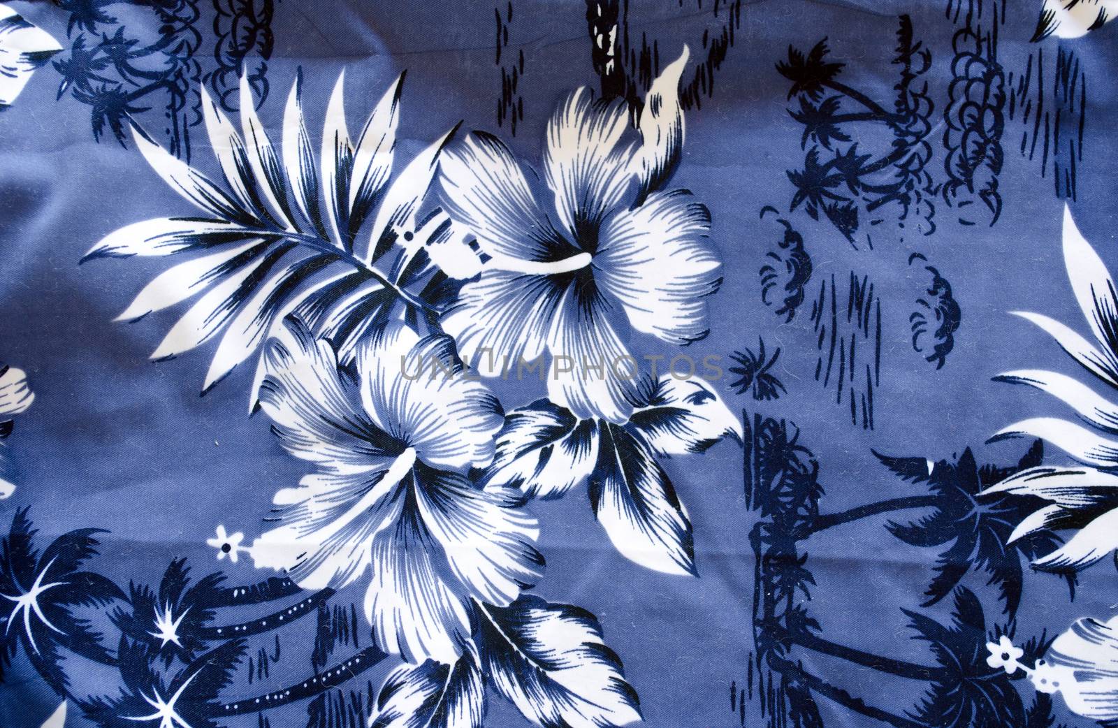 shorts bathing trunks background with blue white topical flowers and palms closeup.