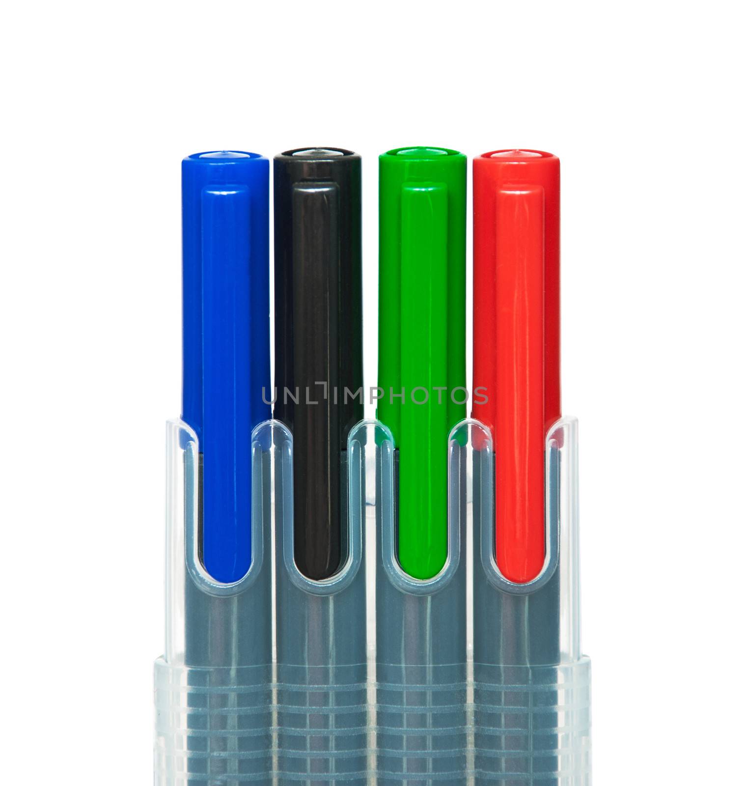 Colored pencils red, green, blue and black isolated on white background.