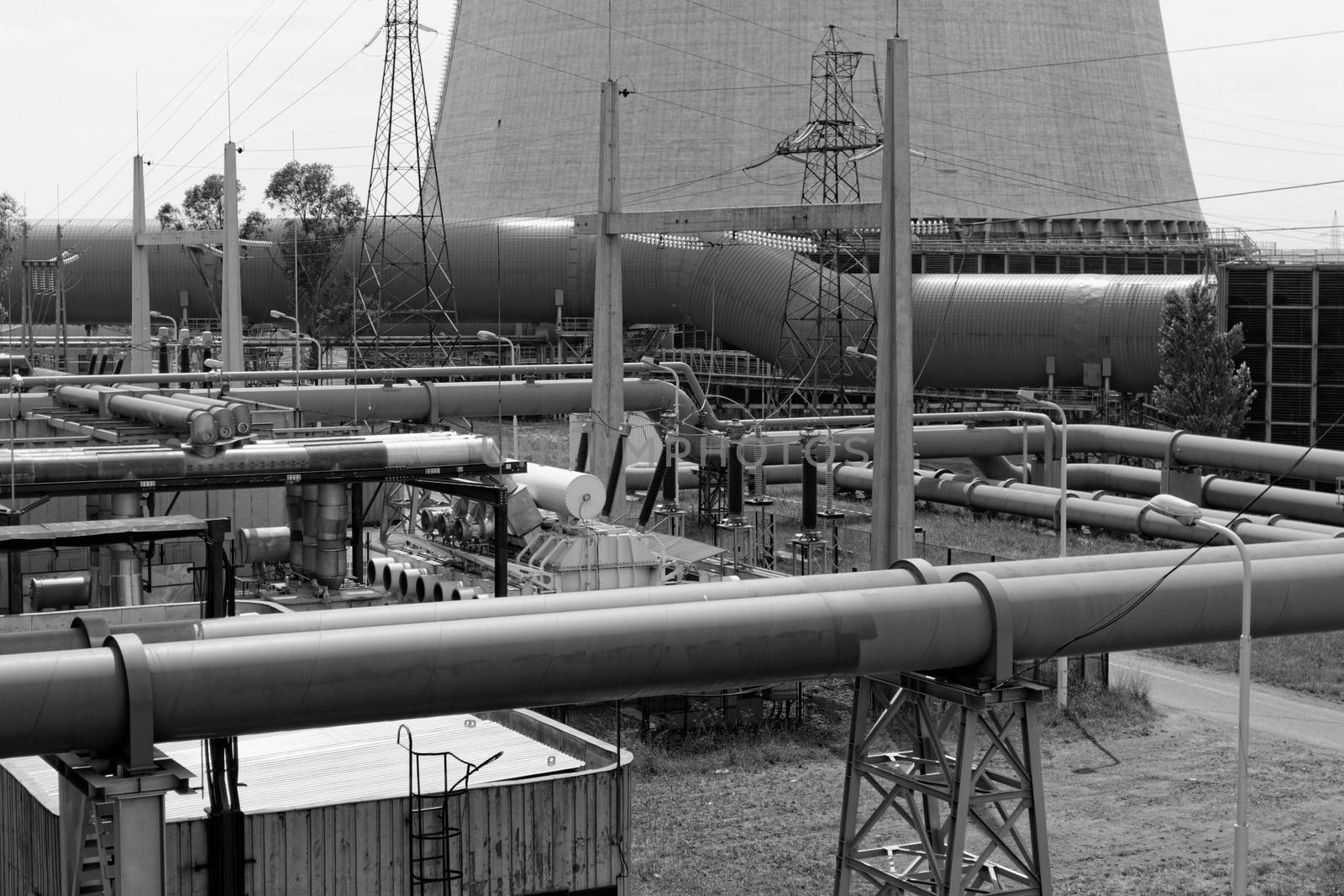 industrial pipes in a electricity power plant in bw color