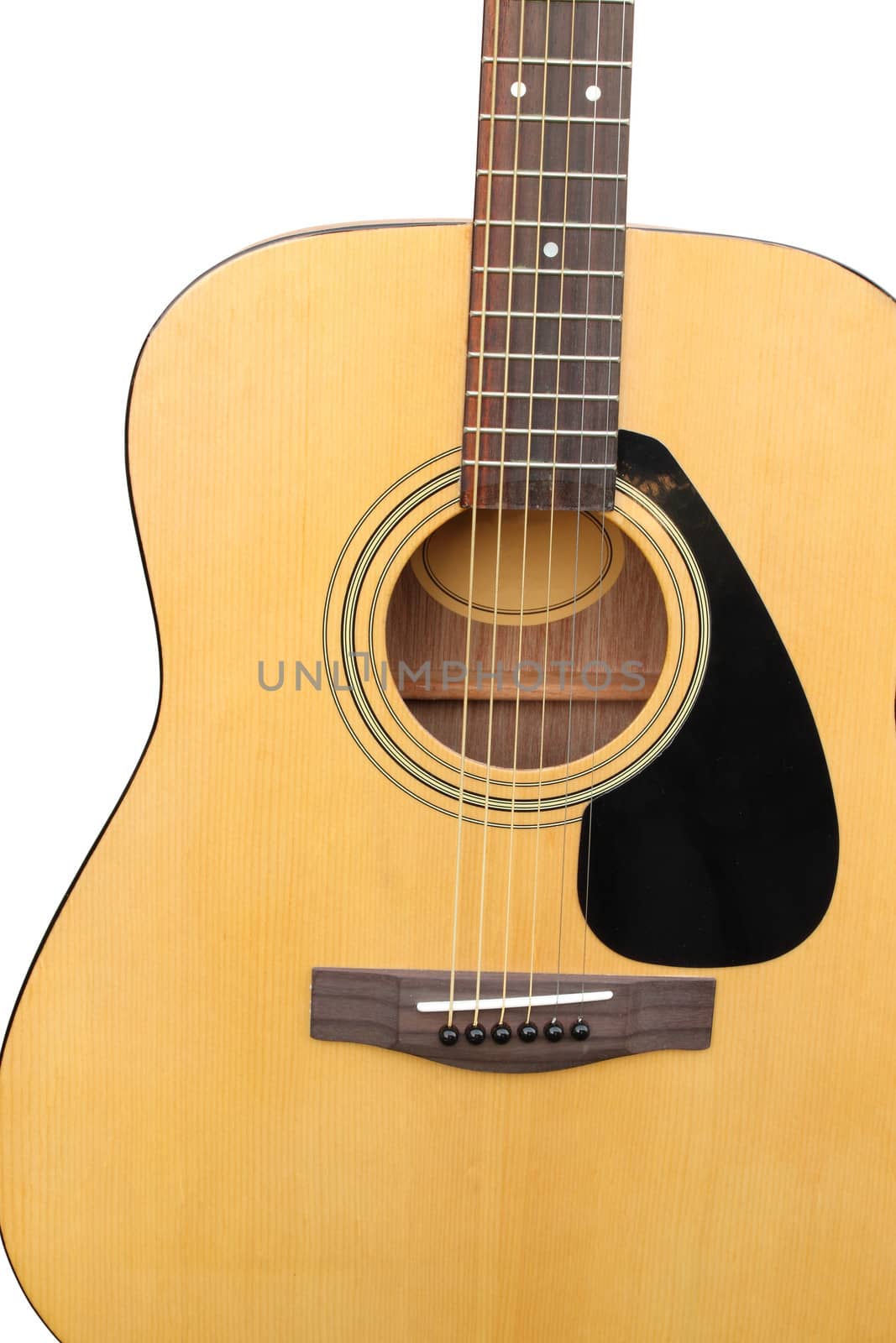 close-up of acoustic classic guitar on white background