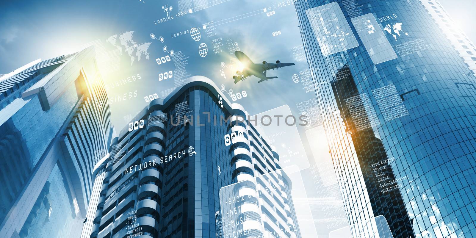 Plane flying above skyscrapers. Business travel concept