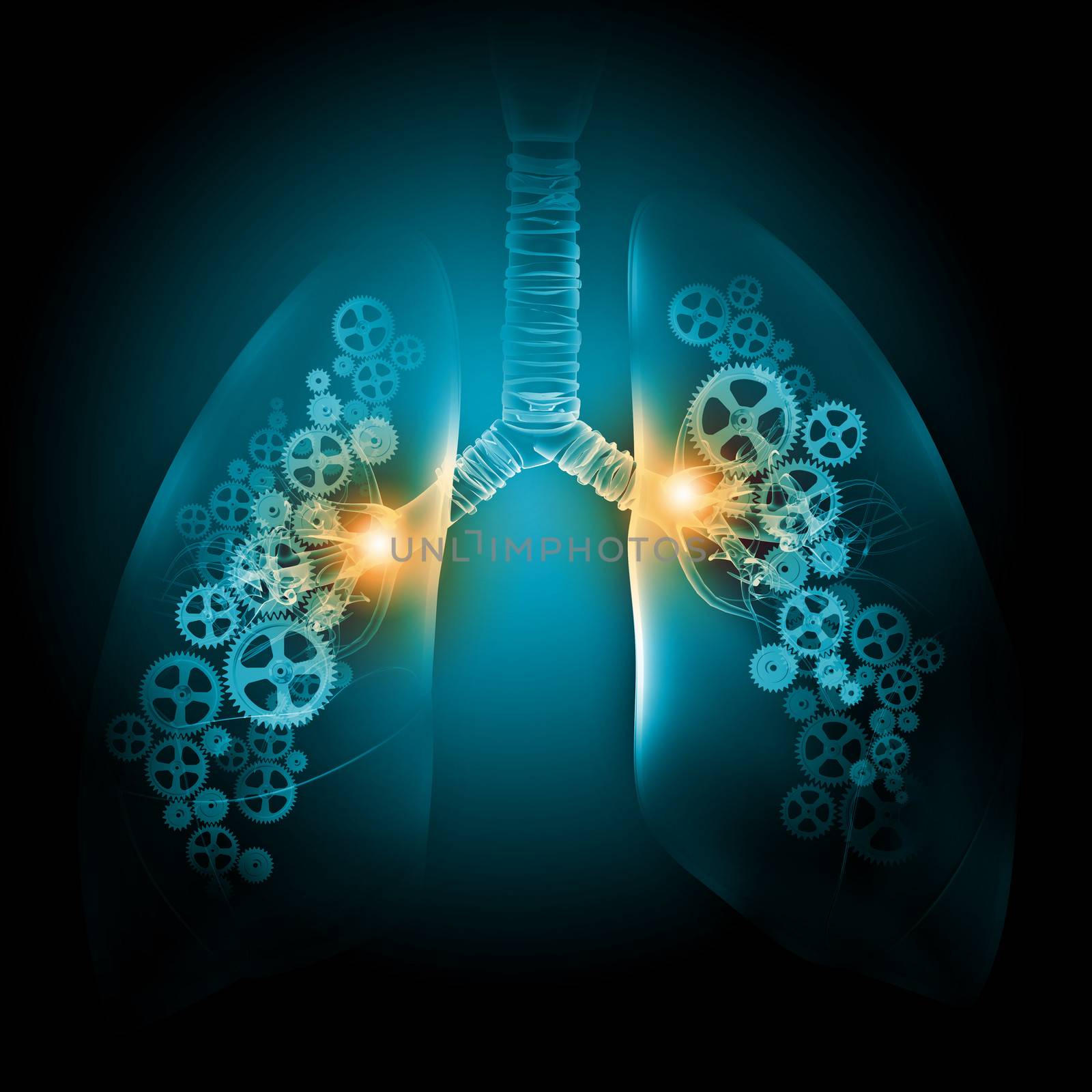 Illustration of human lungs with cog wheel mechanisms