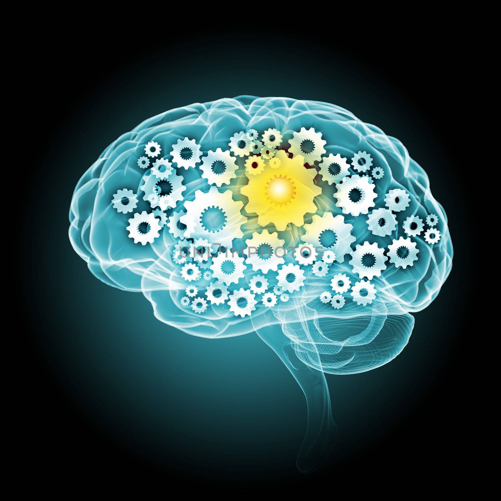 Illustration of human brain with cogwheel mechanisms