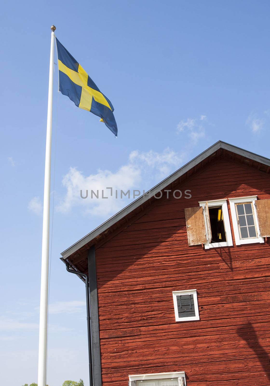 Detail of an old swedish house with a flagpole 