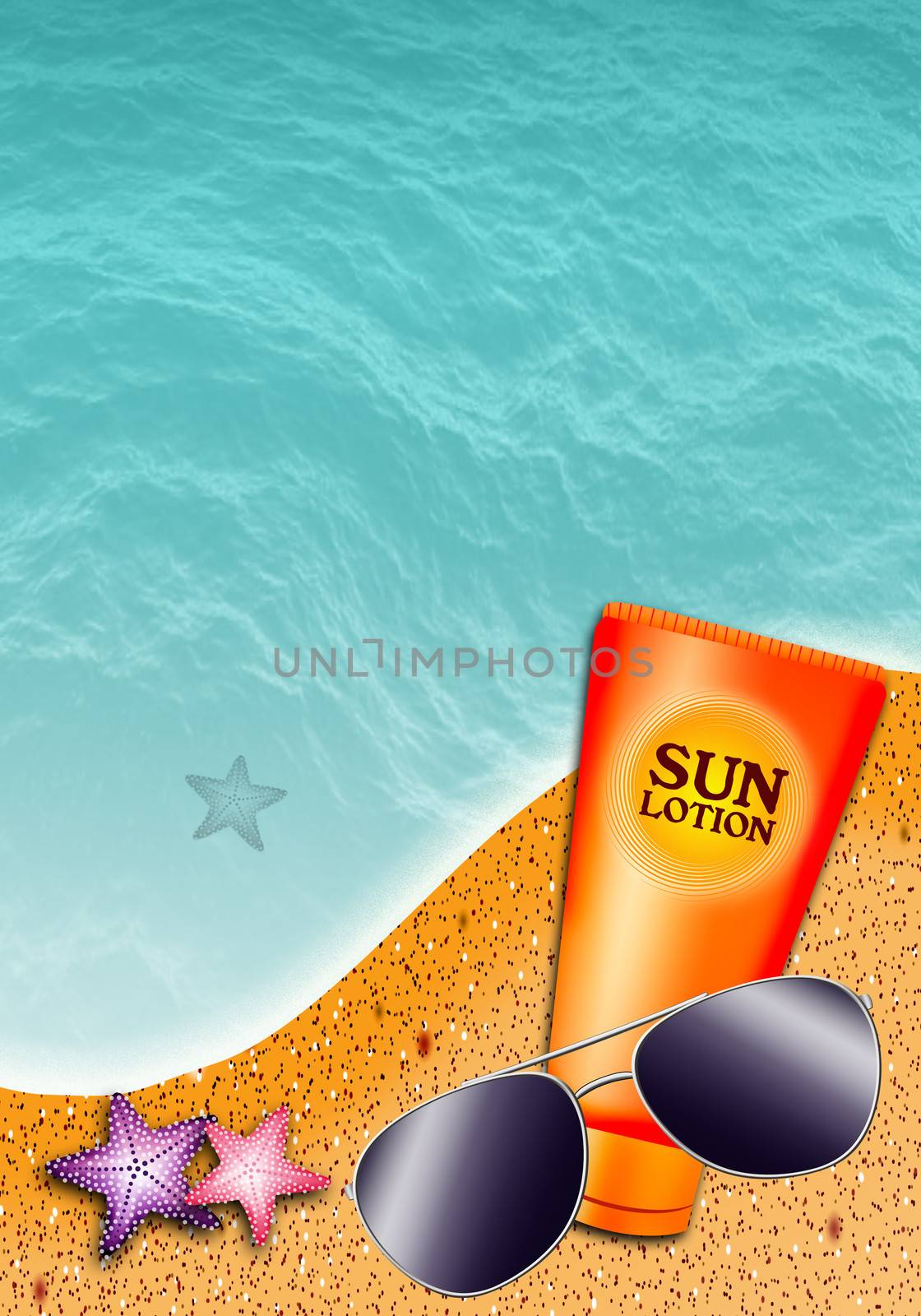 sun lotion and sunglasses on the beach by sognolucido