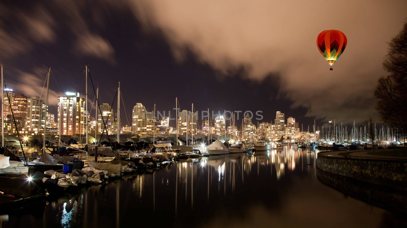 The Vancouver city harbor at night, Canada BC