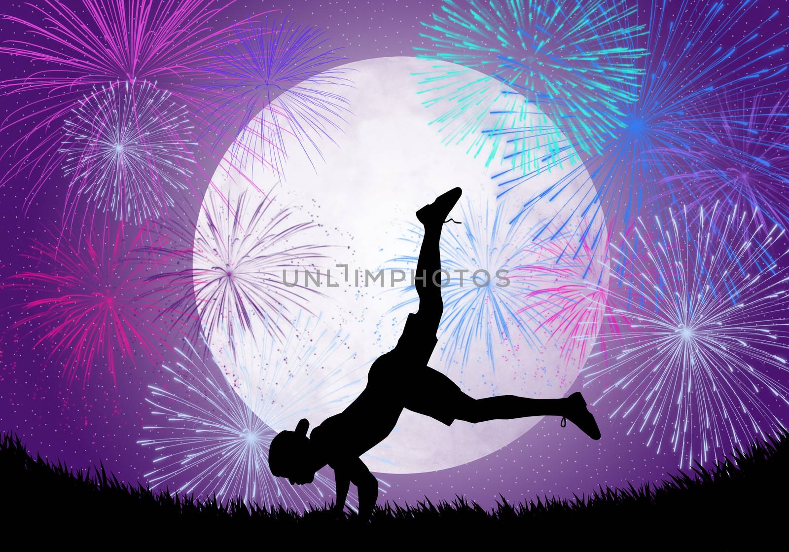 Breakdance in the night with fireworks