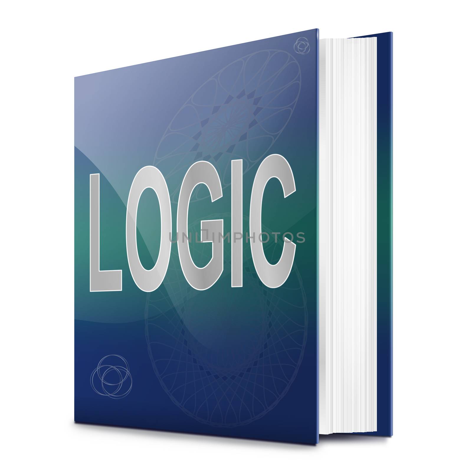 Illustration depicting a text book with a logic concept title. White background.