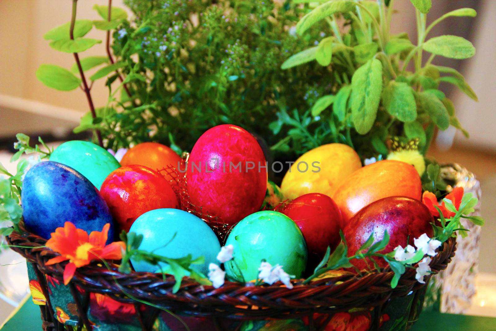 A basket with Easter eggs in Sofia, Bulgaria. Colouring eggs for the Easter holidays is a popular christian Ortodox tradition