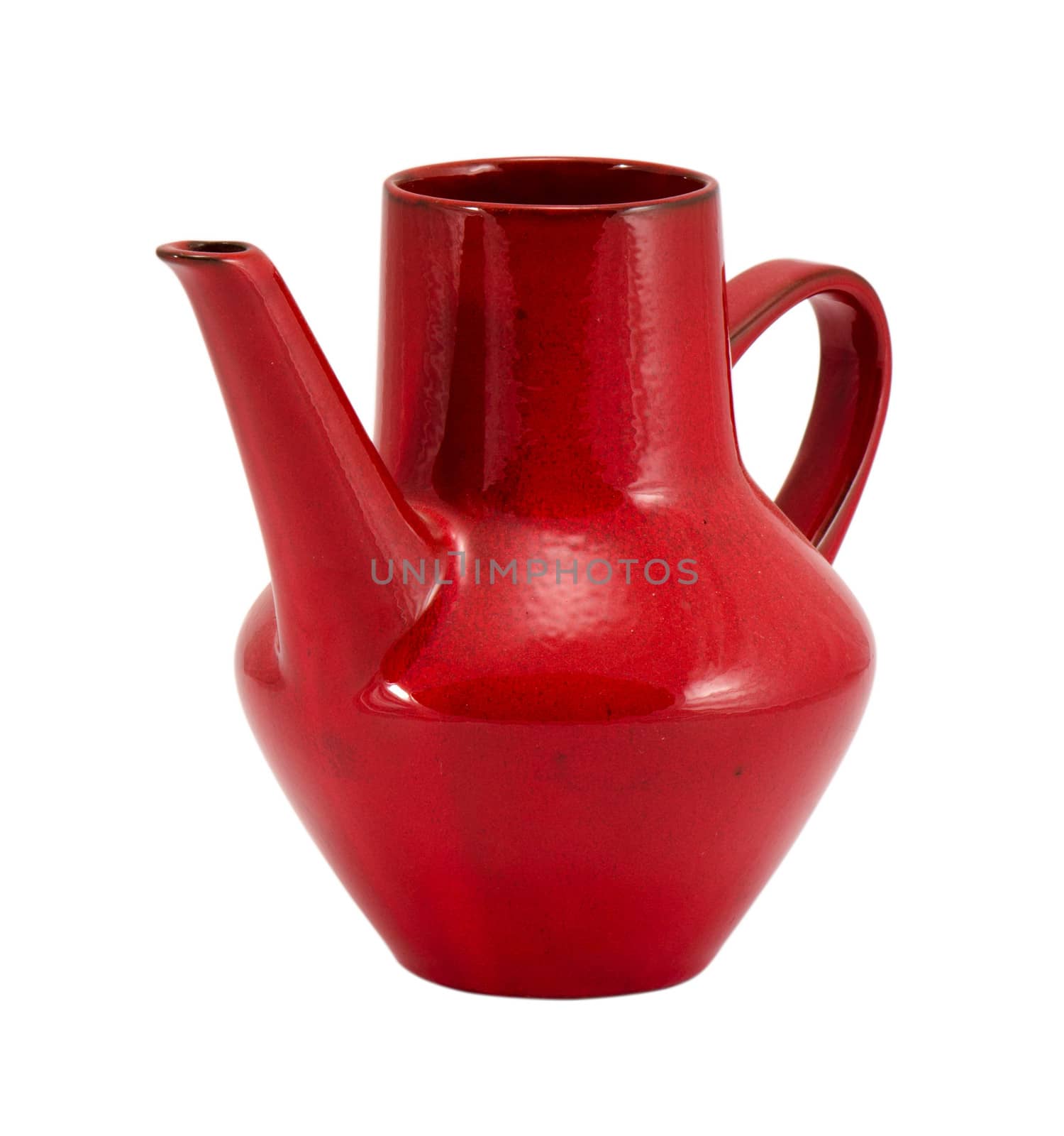 clay pitcher red color object with small handle isolated on white background. home decoration.