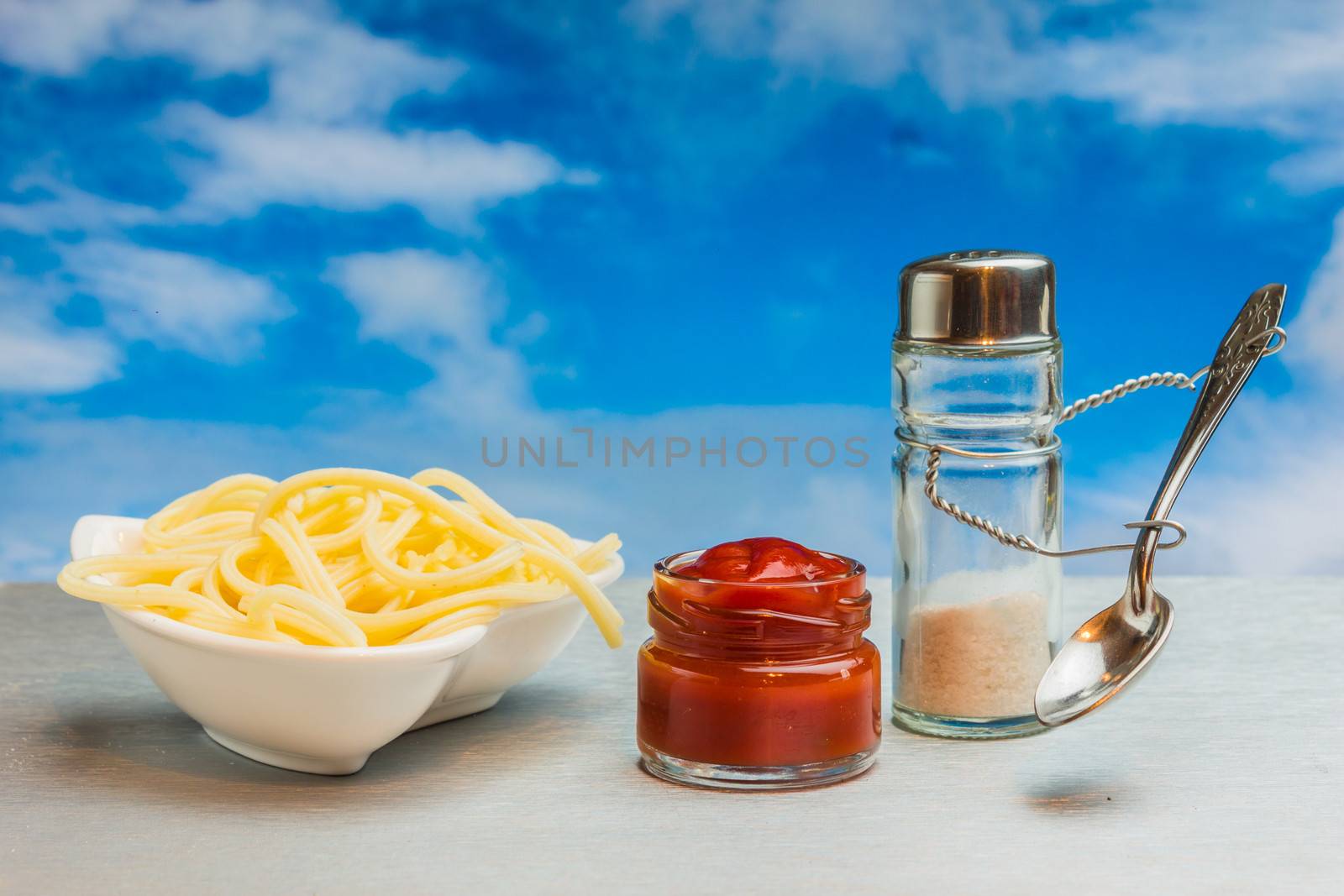 Puppets of dishes for spices cooked spaghetti with ketchup