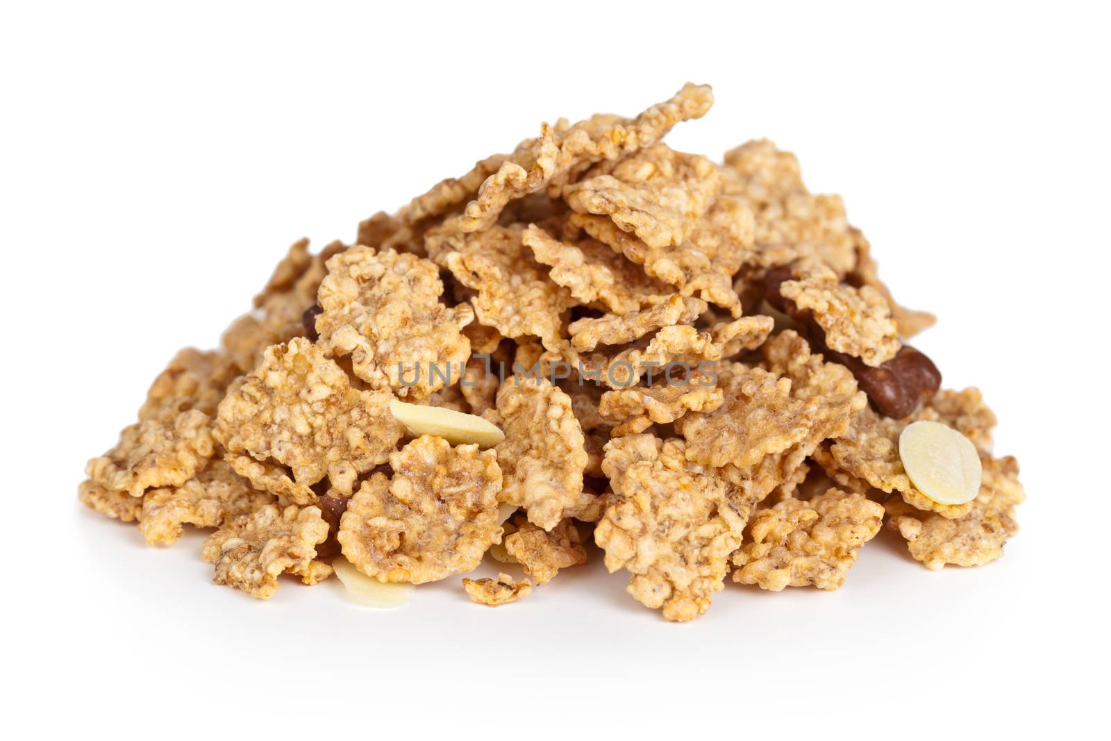 Pile of cereal muesli on white background. Macro shot