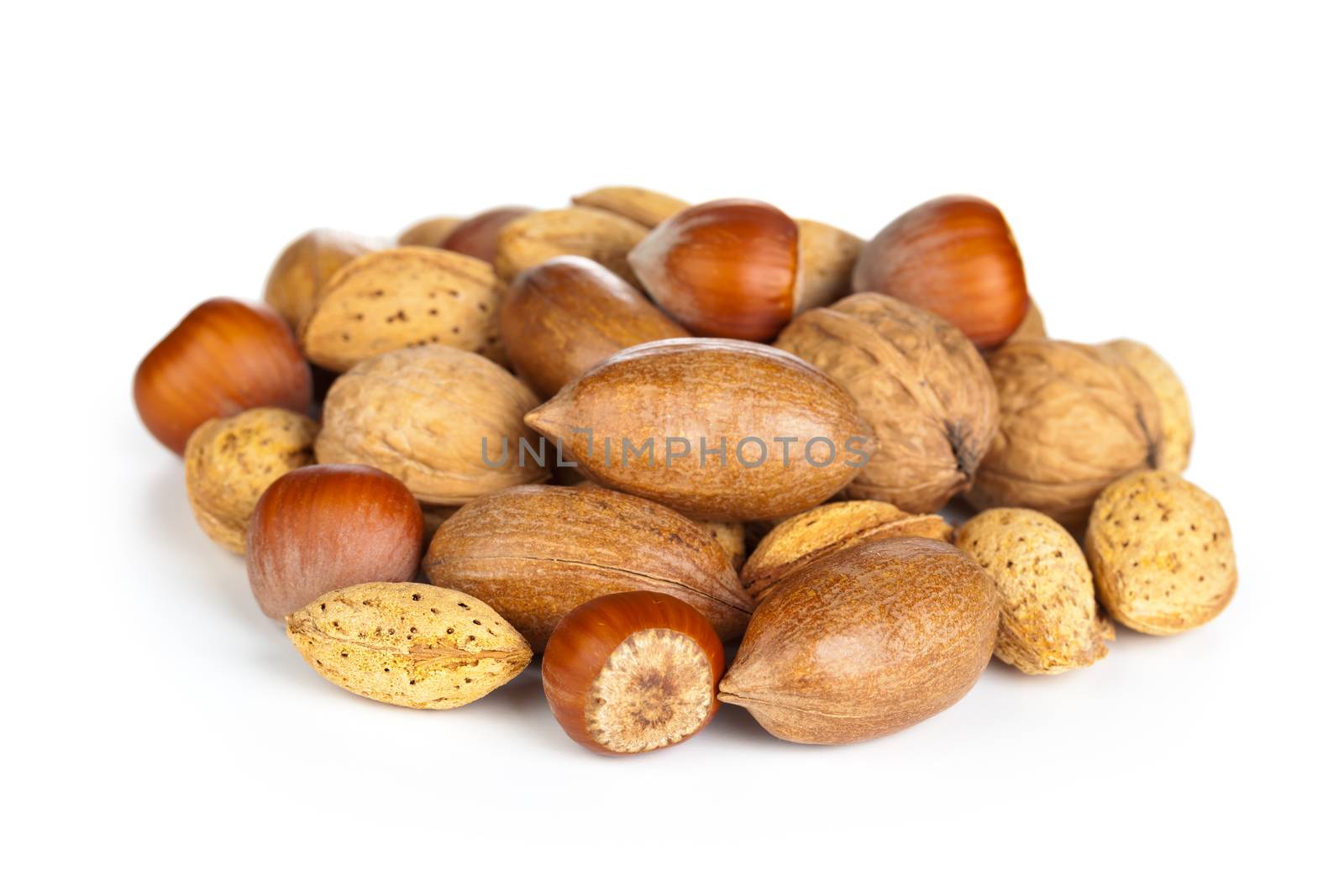 Various nuts on white background. Macro shot