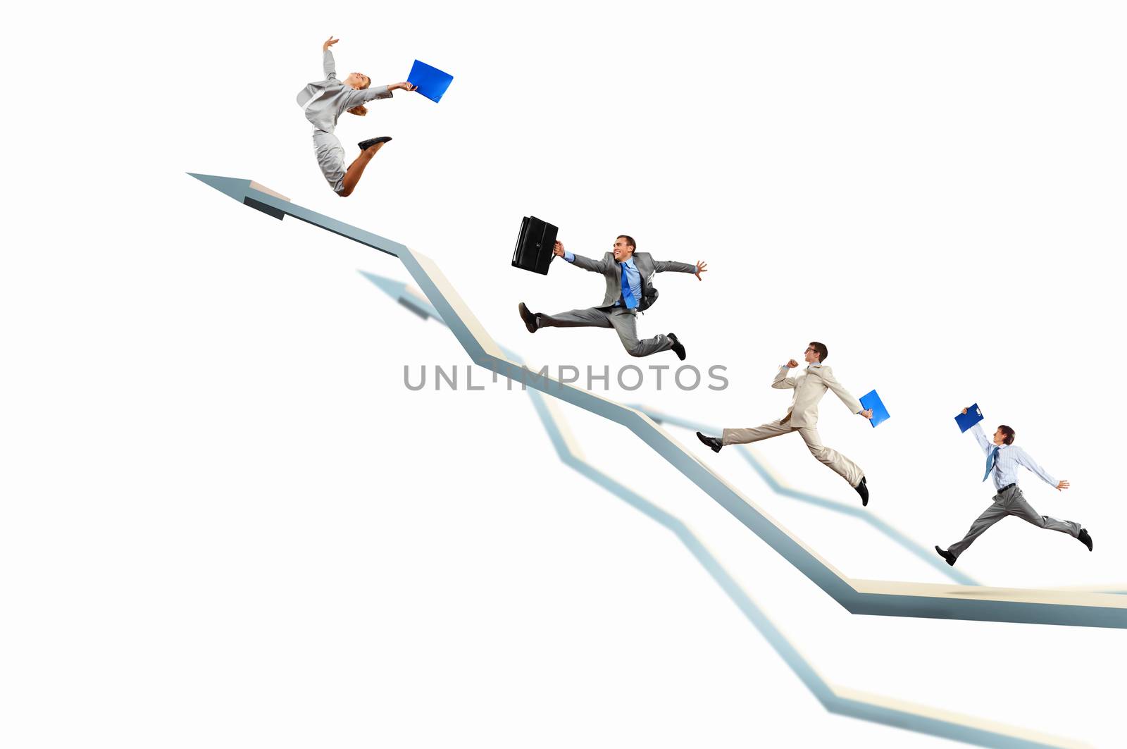 Young businesspeople jumping on white arrows. Growth concept