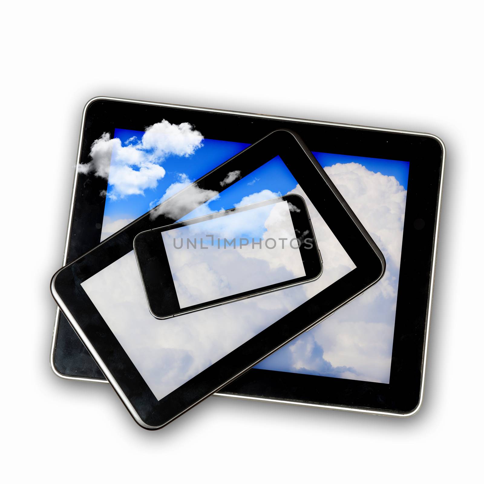 Set of three computer devices with clouds illustration