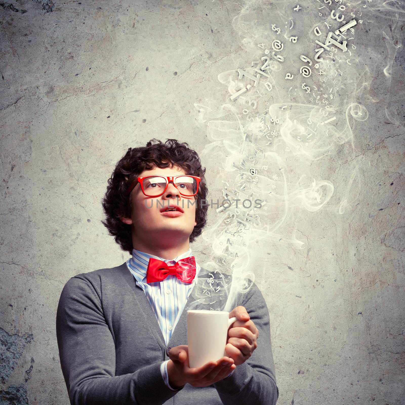 Young man with smoke coming out of a cup experimenting