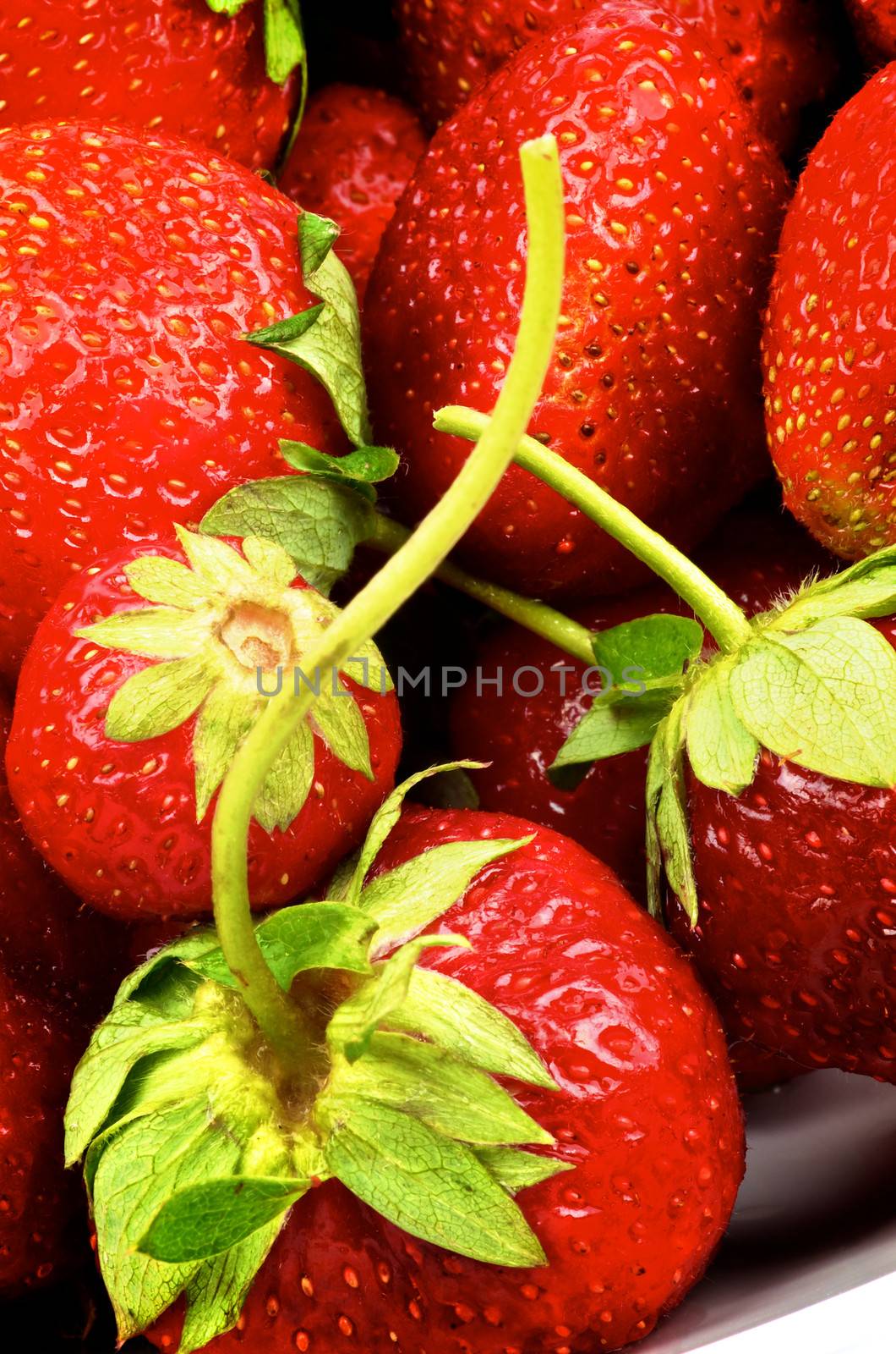 Fresh Sweet Strawberries with Stems closeup as Background