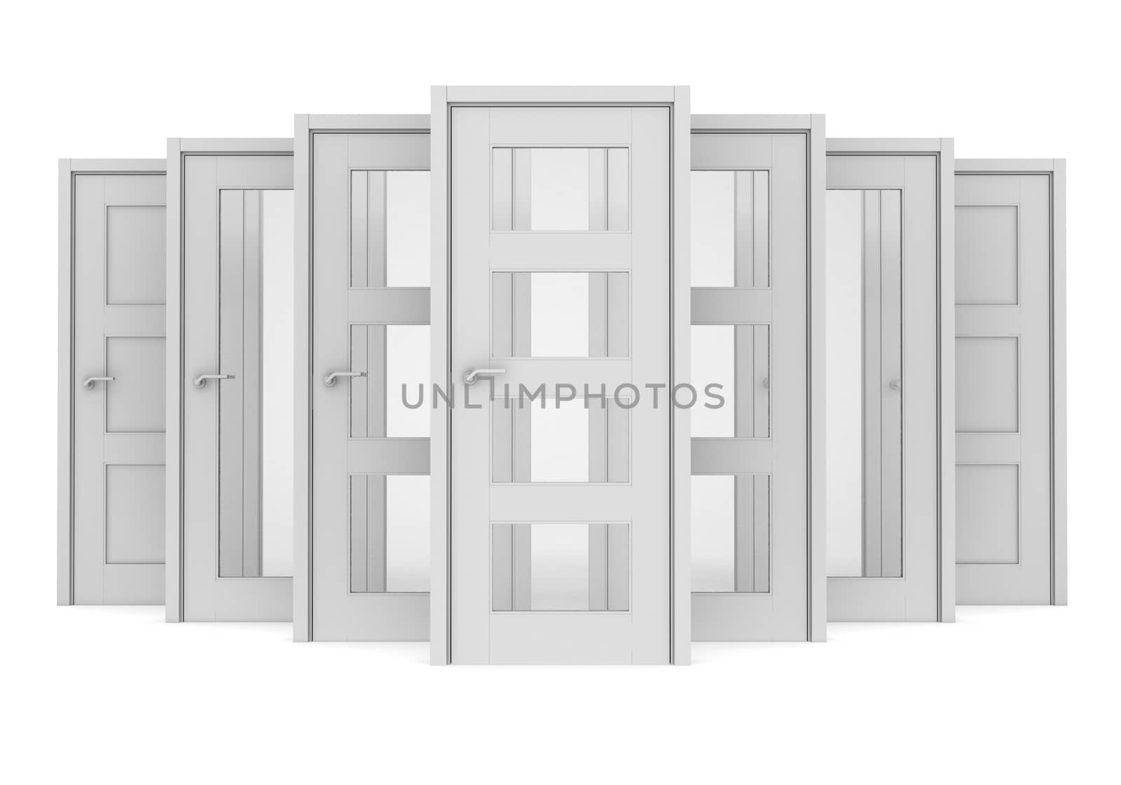 Group of white doors. Isolated render on a white background