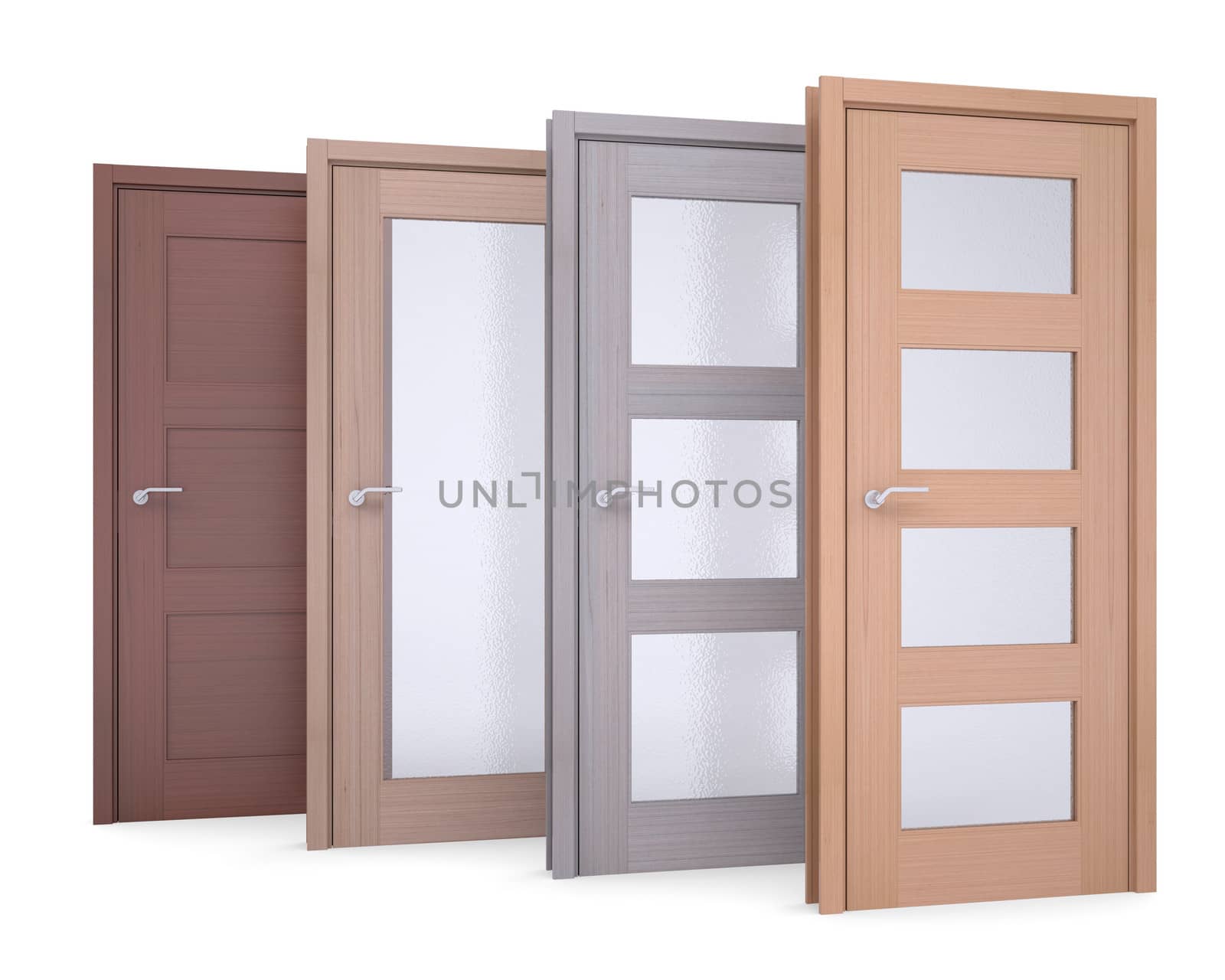 Group of wooden doors. Isolated render on a white background