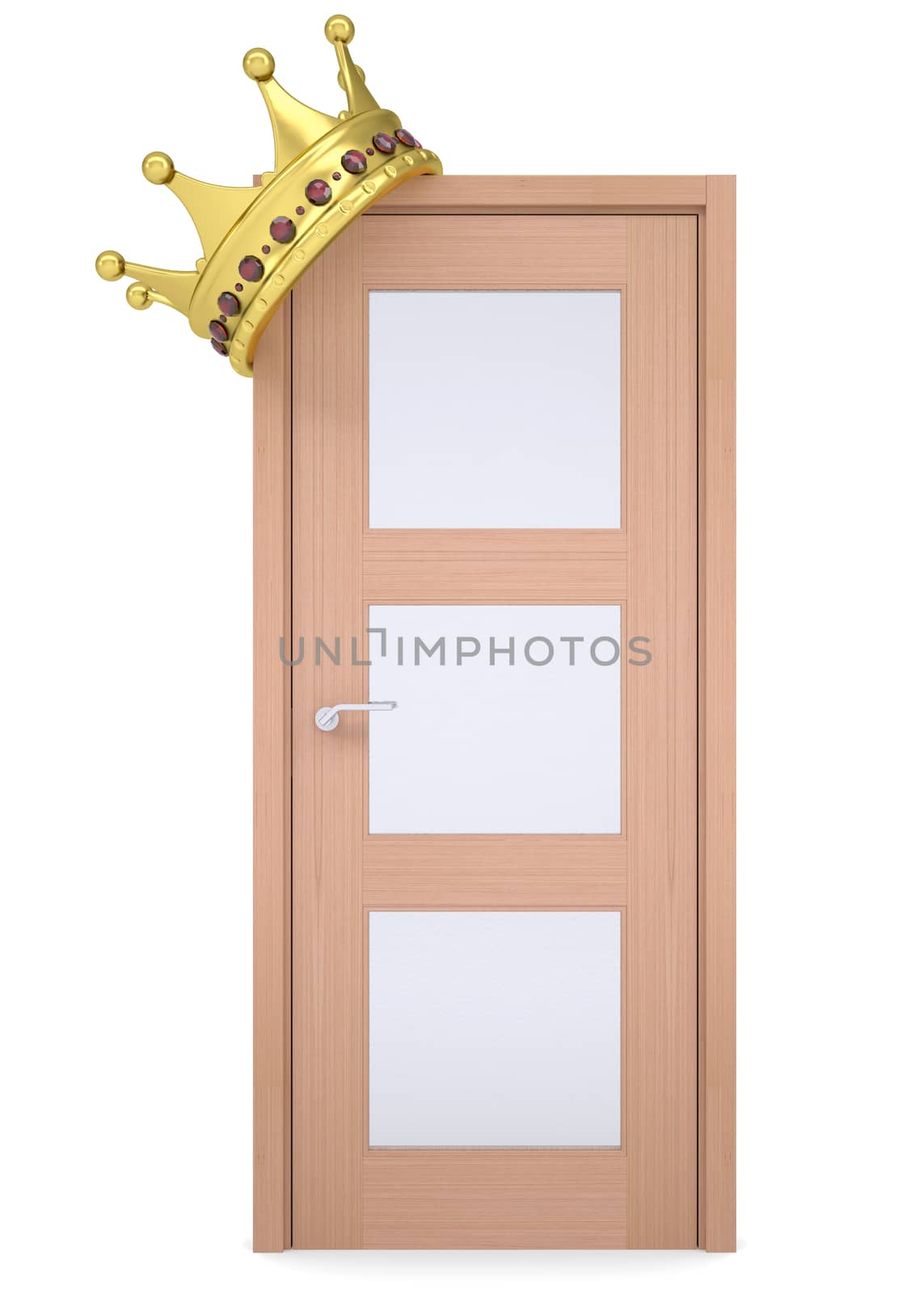 Gold crown on a wooden door. Isolated render on a white background