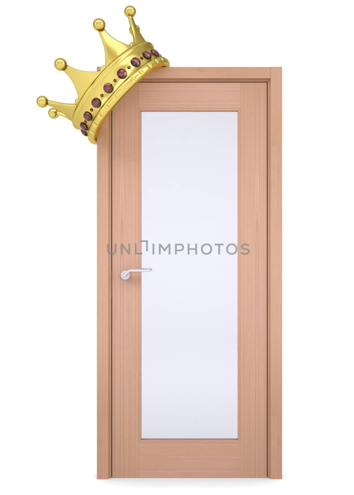 Gold crown on a wooden door. Isolated render on a white background