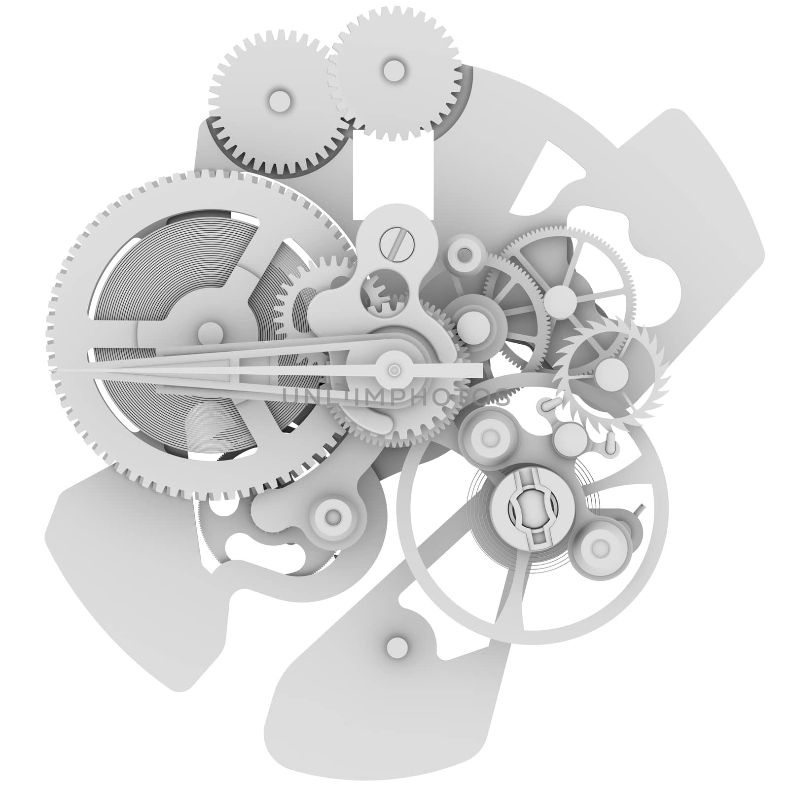 Clock mechanism. Isolated render on a white background