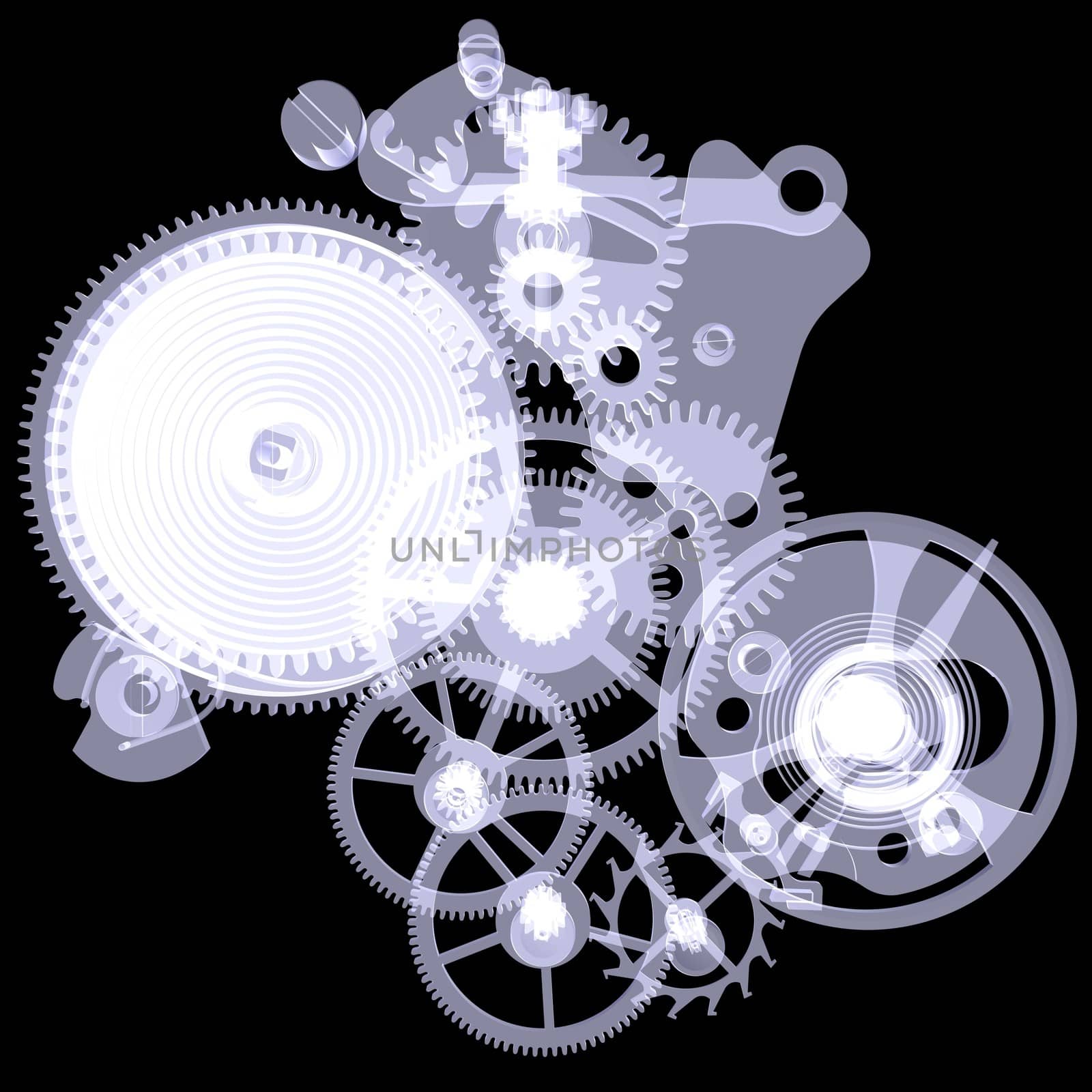 Clock mechanism. Isolated X-ray render on a black background