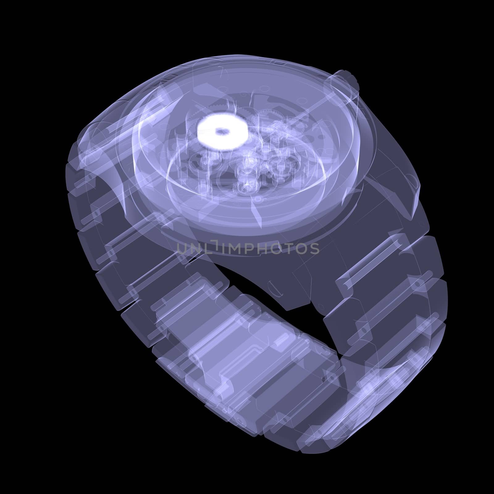Clock mechanism. Isolated X-ray render on a black background