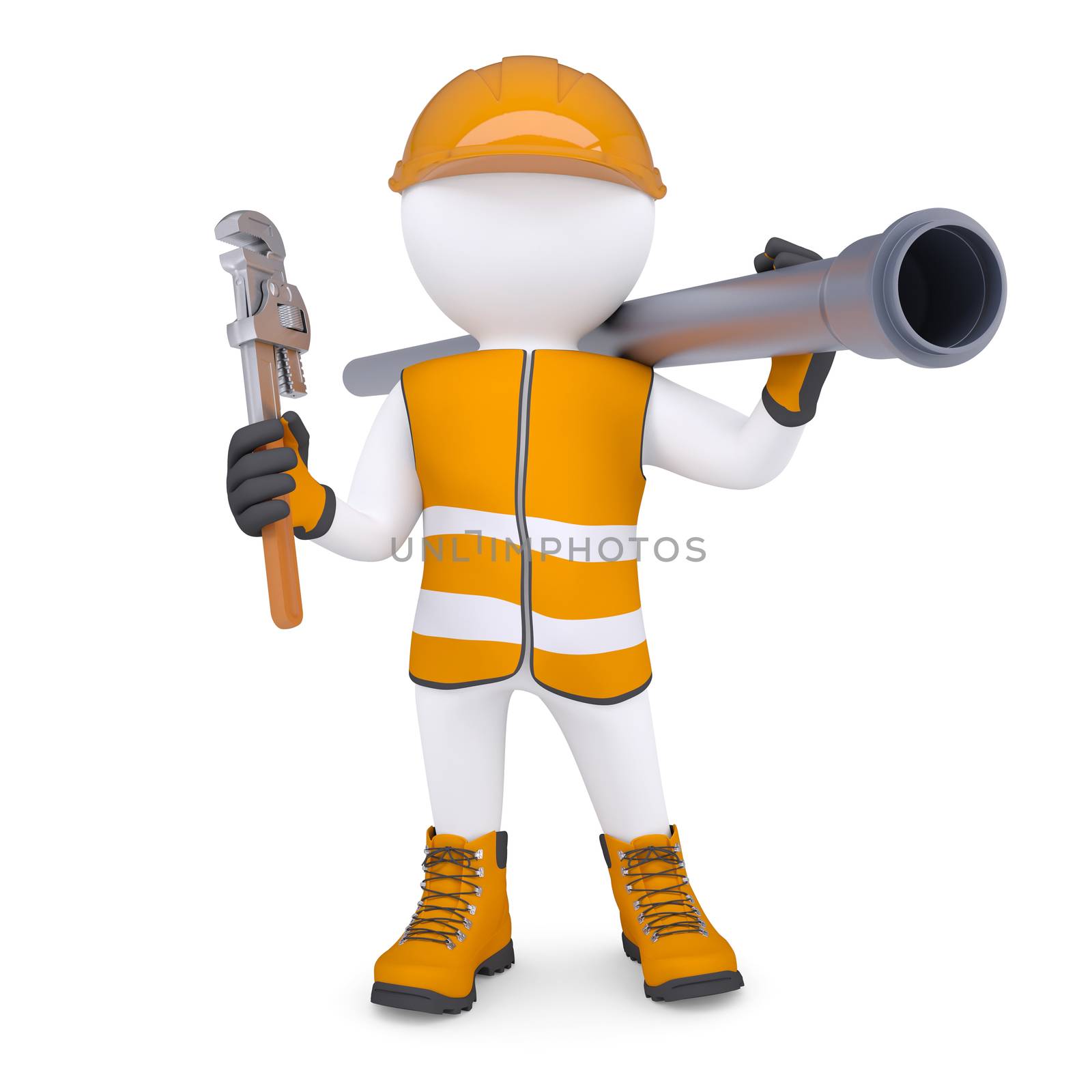 3d white man in overalls with a screwdriver and sewer pipe. Isolated render on a white background