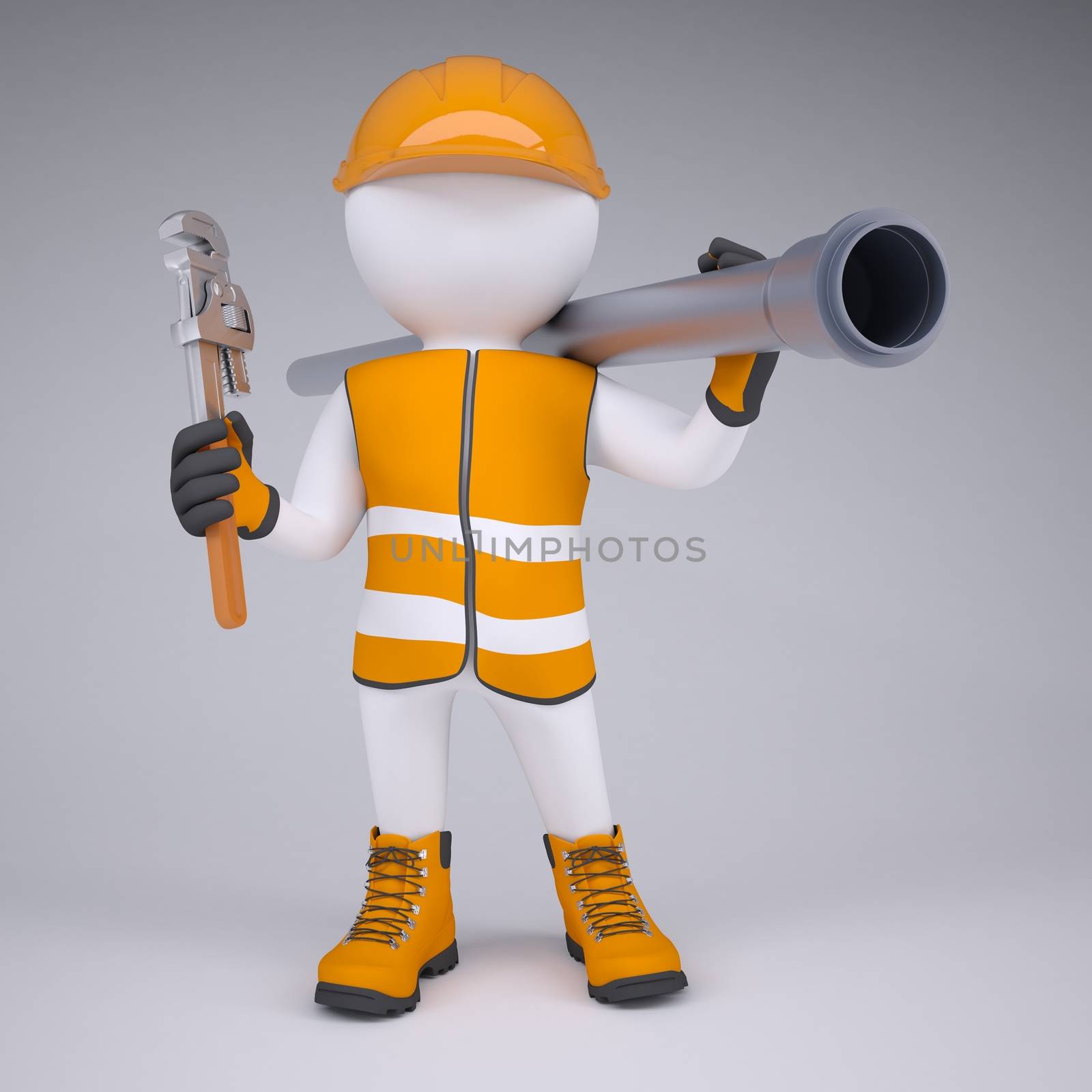 3d white man in overalls with a screwdriver and sewer pipe. Render on studio