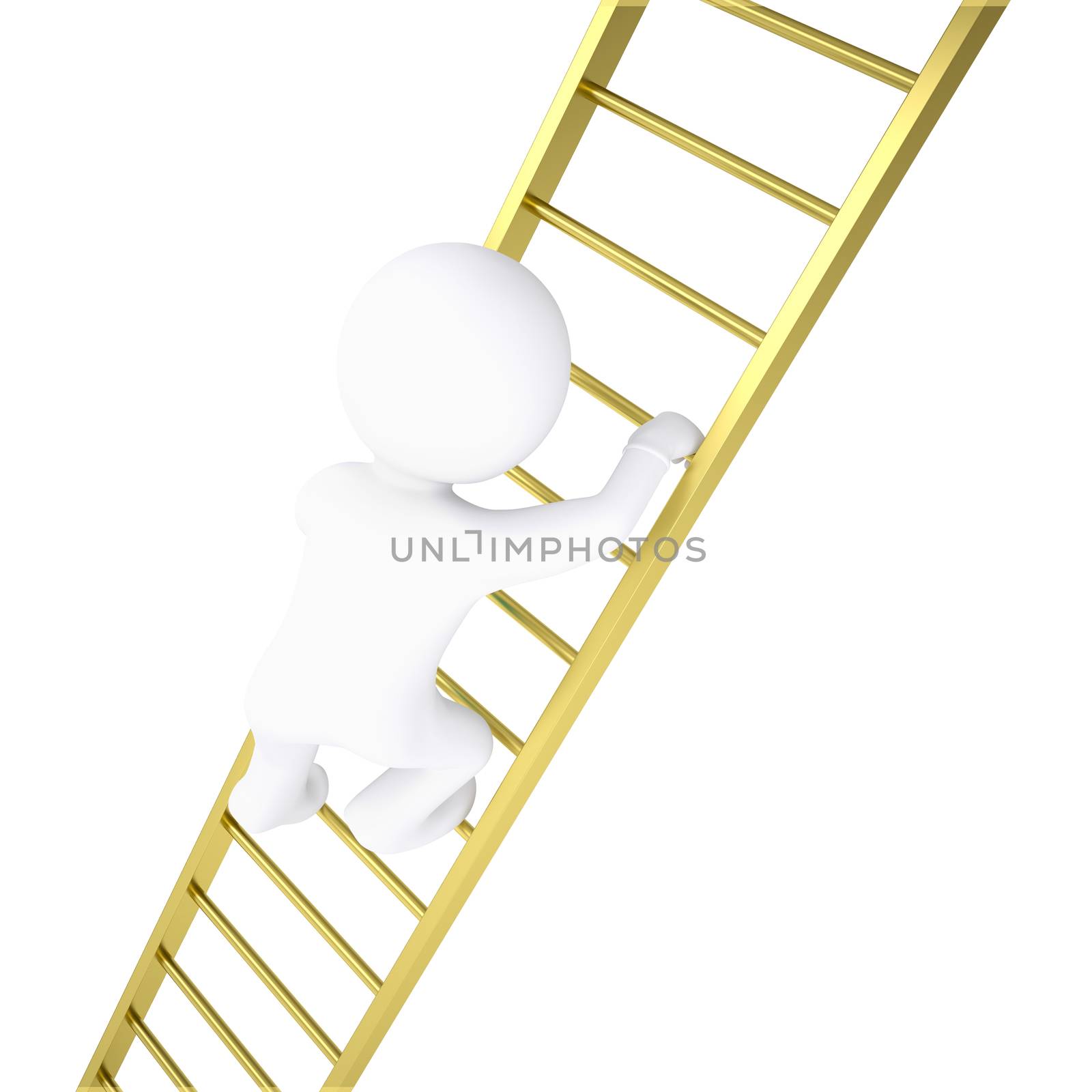 3d white man rises through golden stairs. Isolated render on a white background