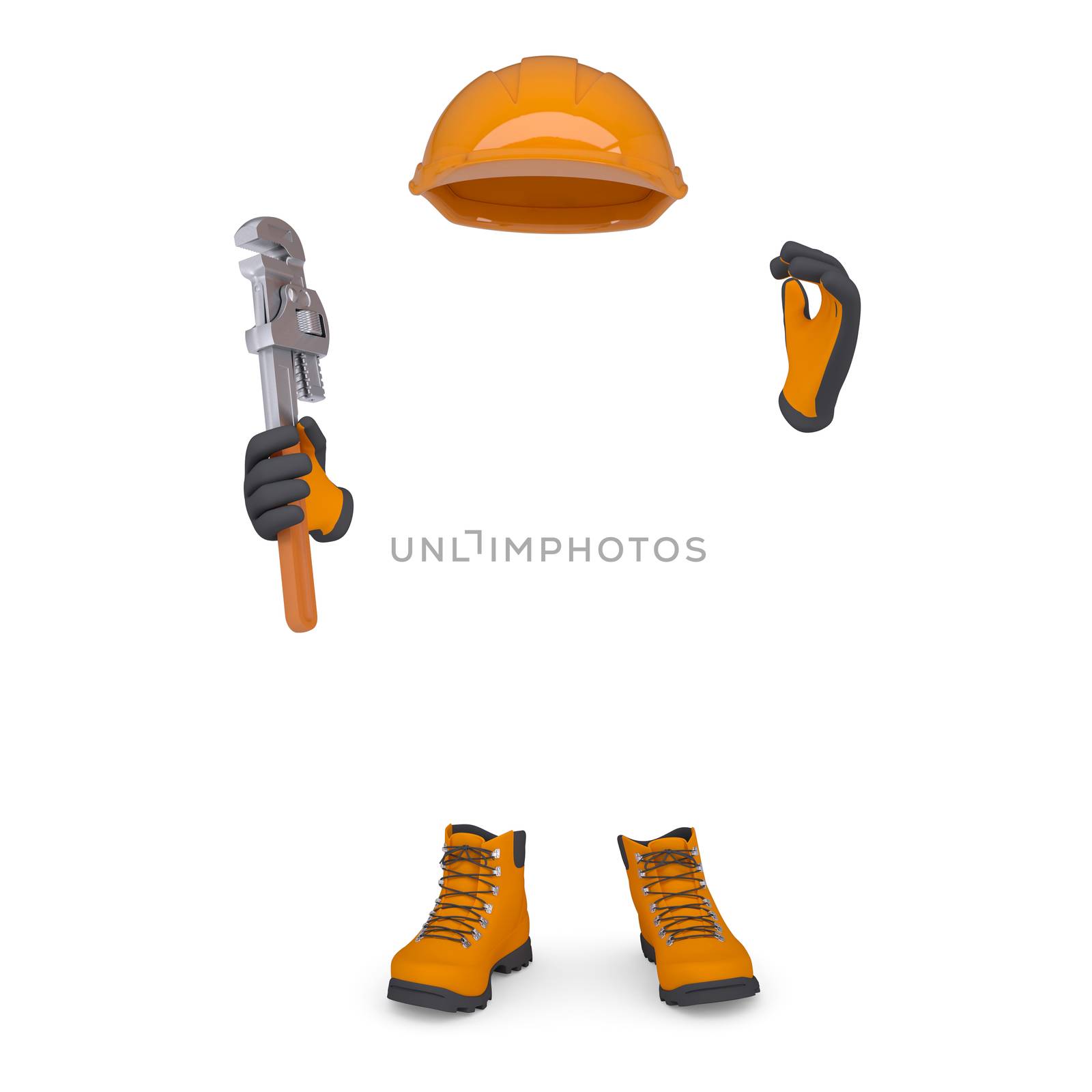 Boots, gloves, helmet and wrench. Isolated render on a white background