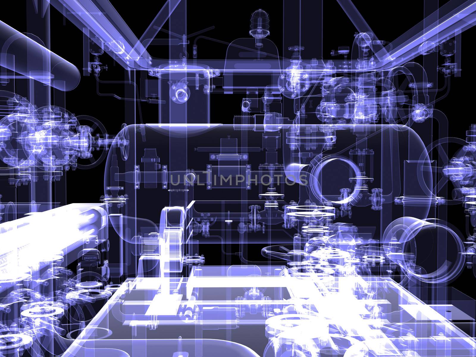 Industrial equipment. X-Ray render isolated on a black background