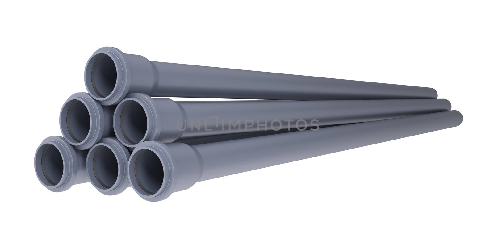 Grey PVC sewer pipes. Isolated render on white background