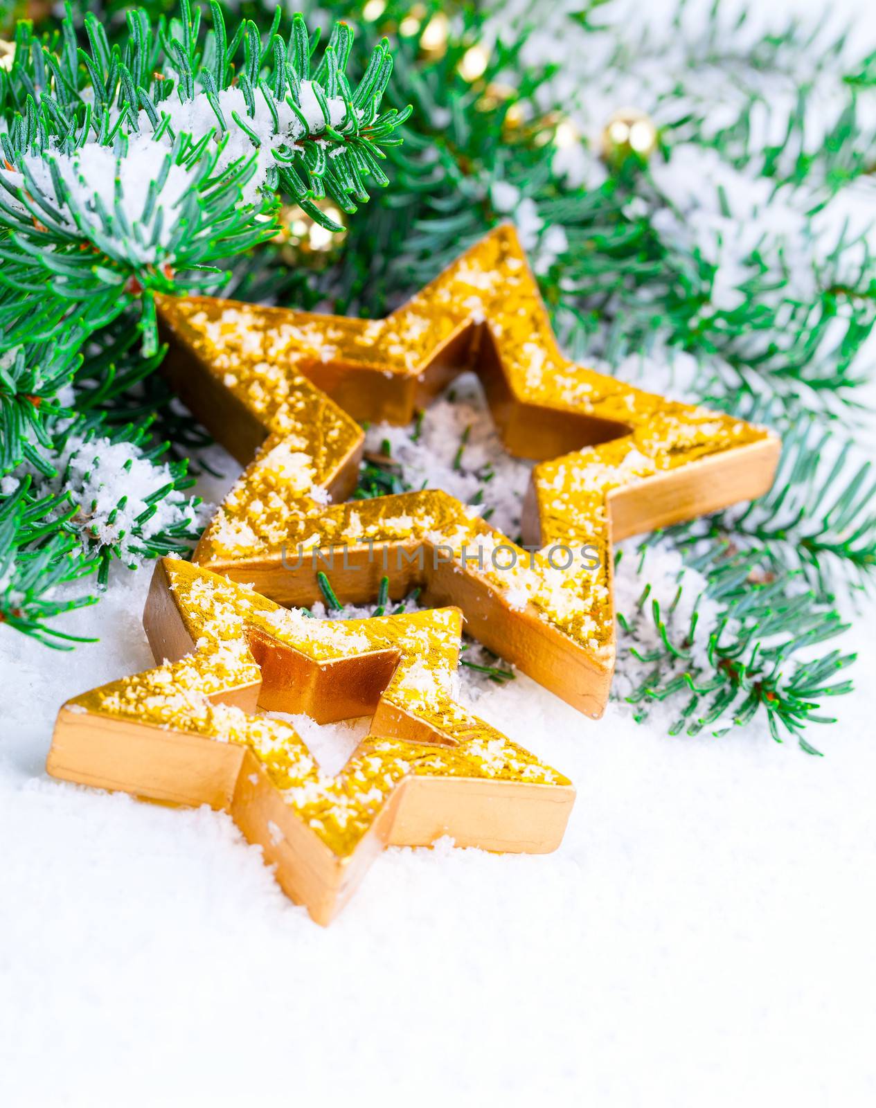 Golden Christmas stars with pine branch and snow