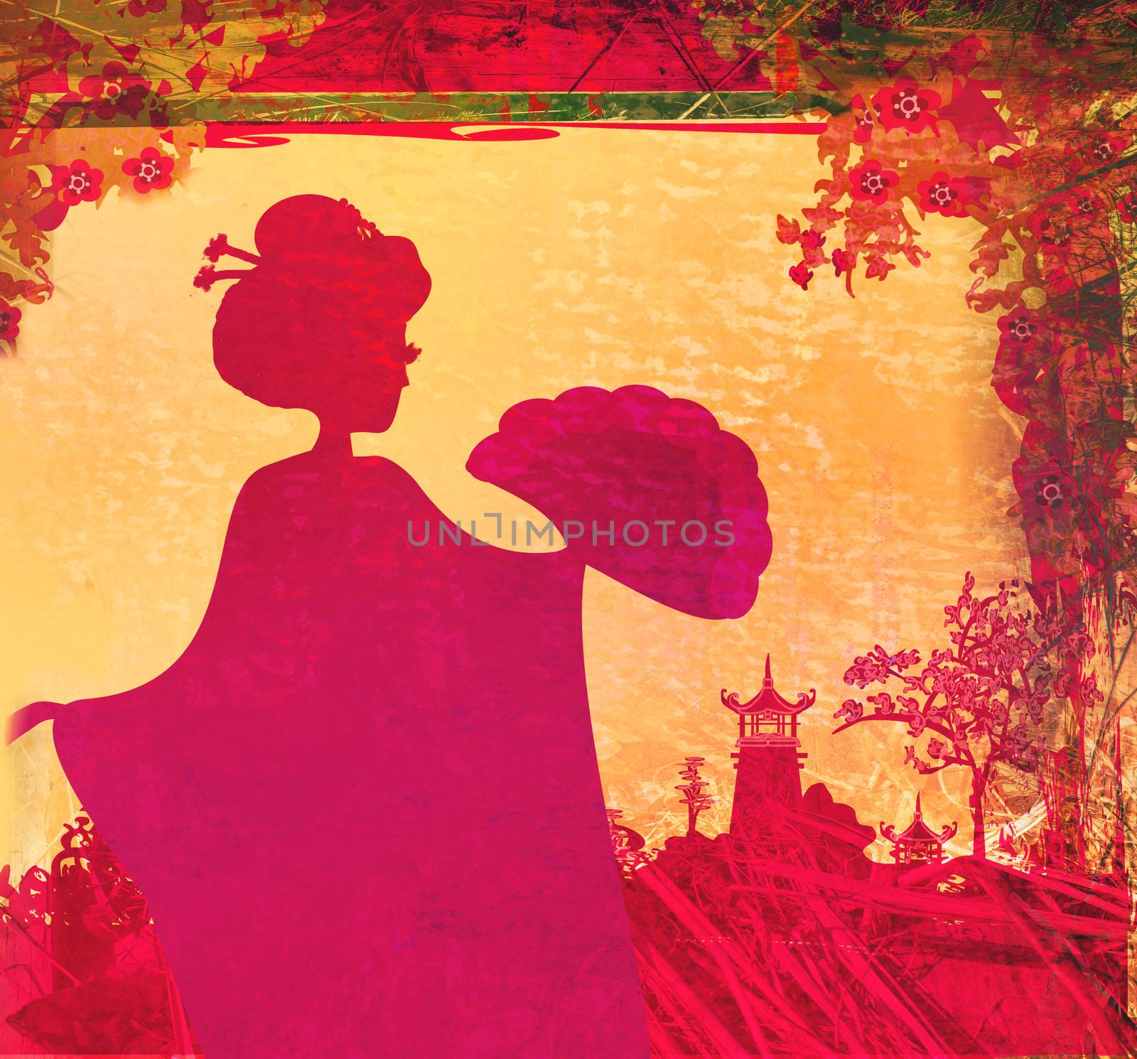 abstract Asian Landscape and beautiful geisha