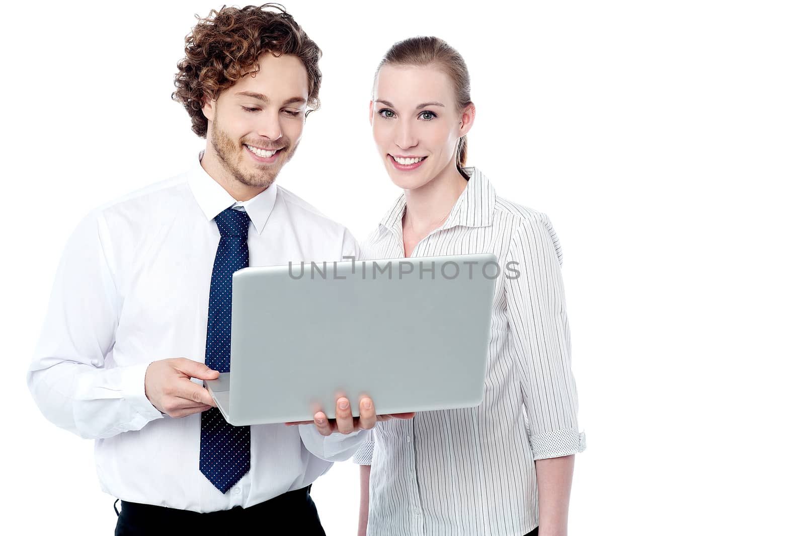 Smiling colleagues with laptop, isolated on white