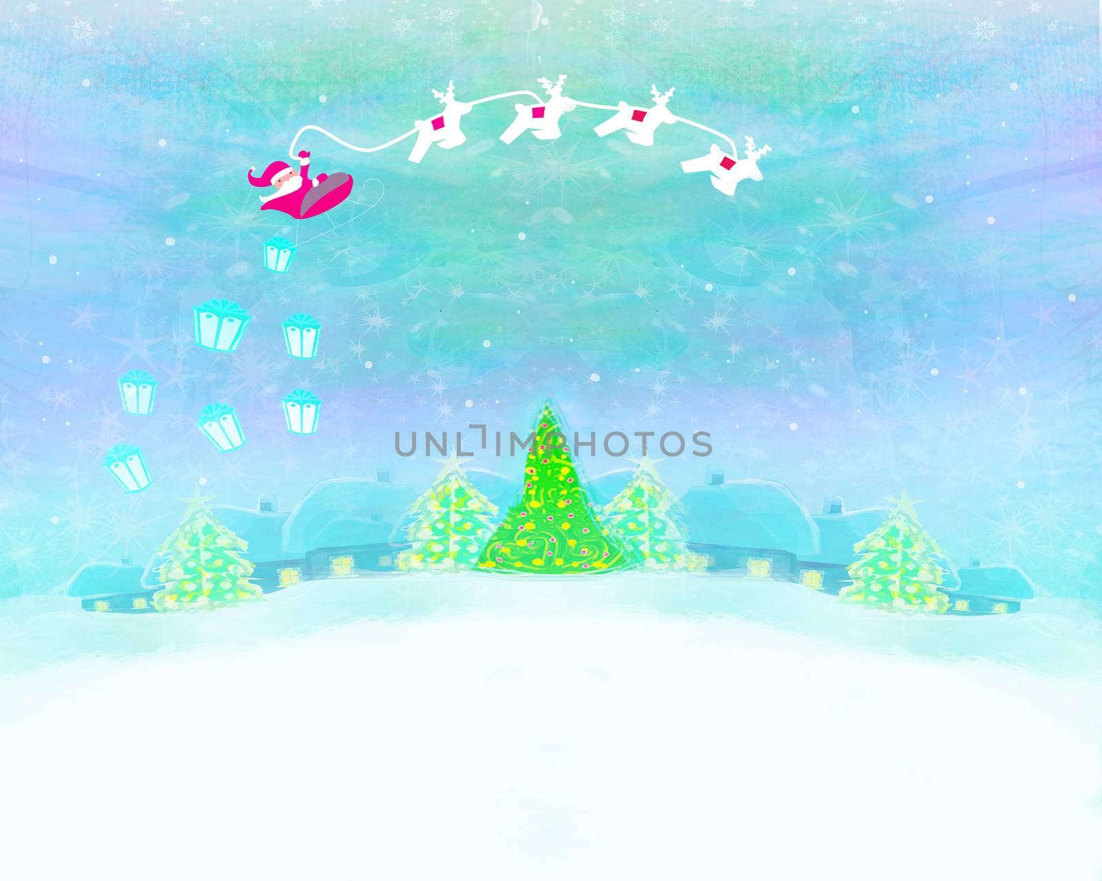 The santa claus flying with the sack full of presents