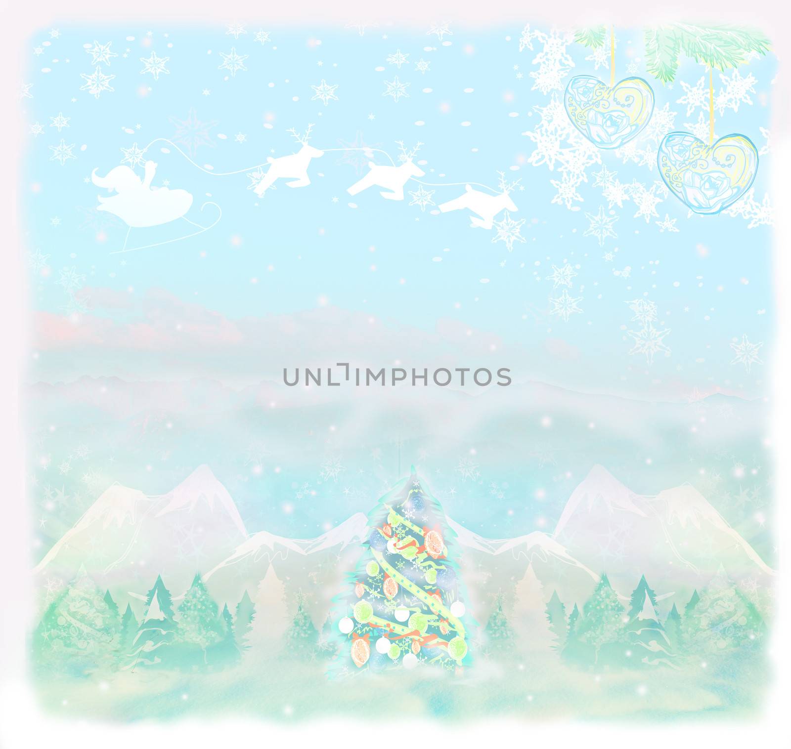 Christmas scene with Santa and winter landscape