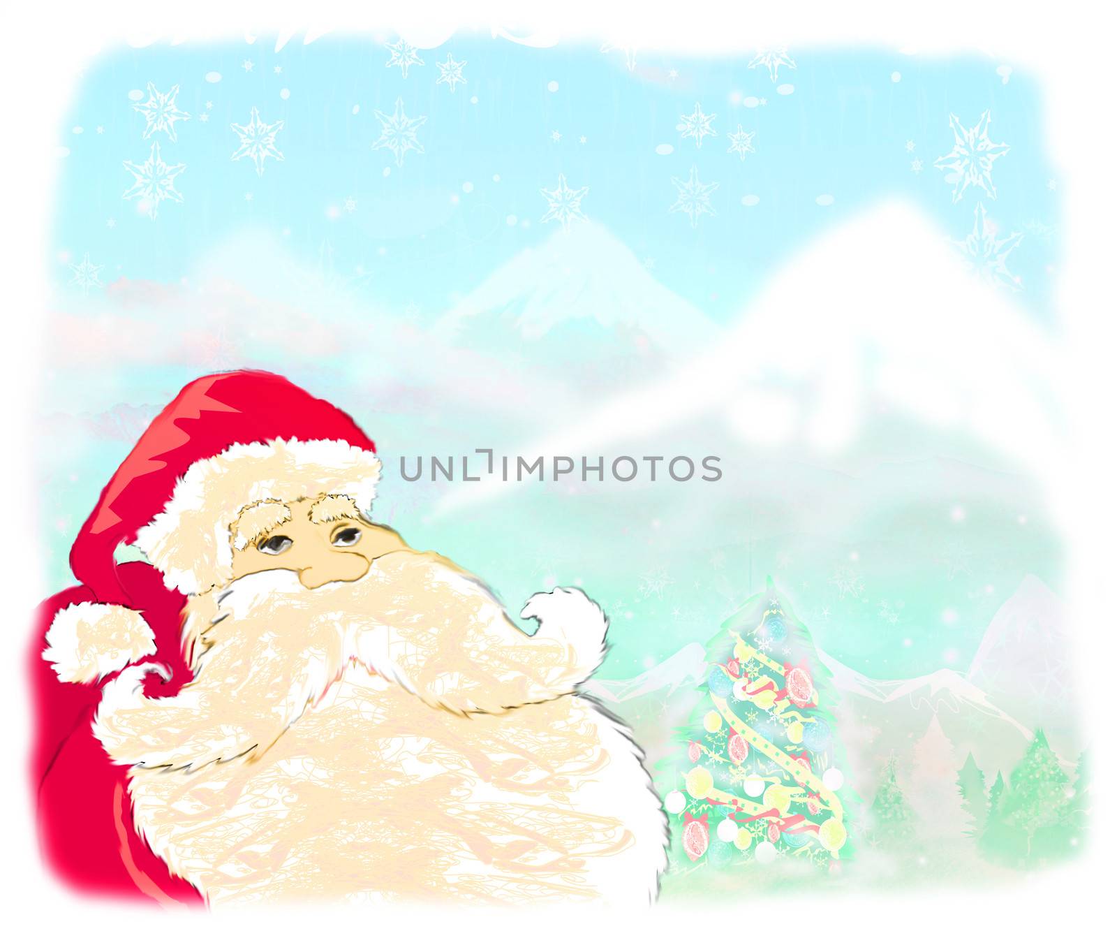 Christmas scene with Santa and winter landscape