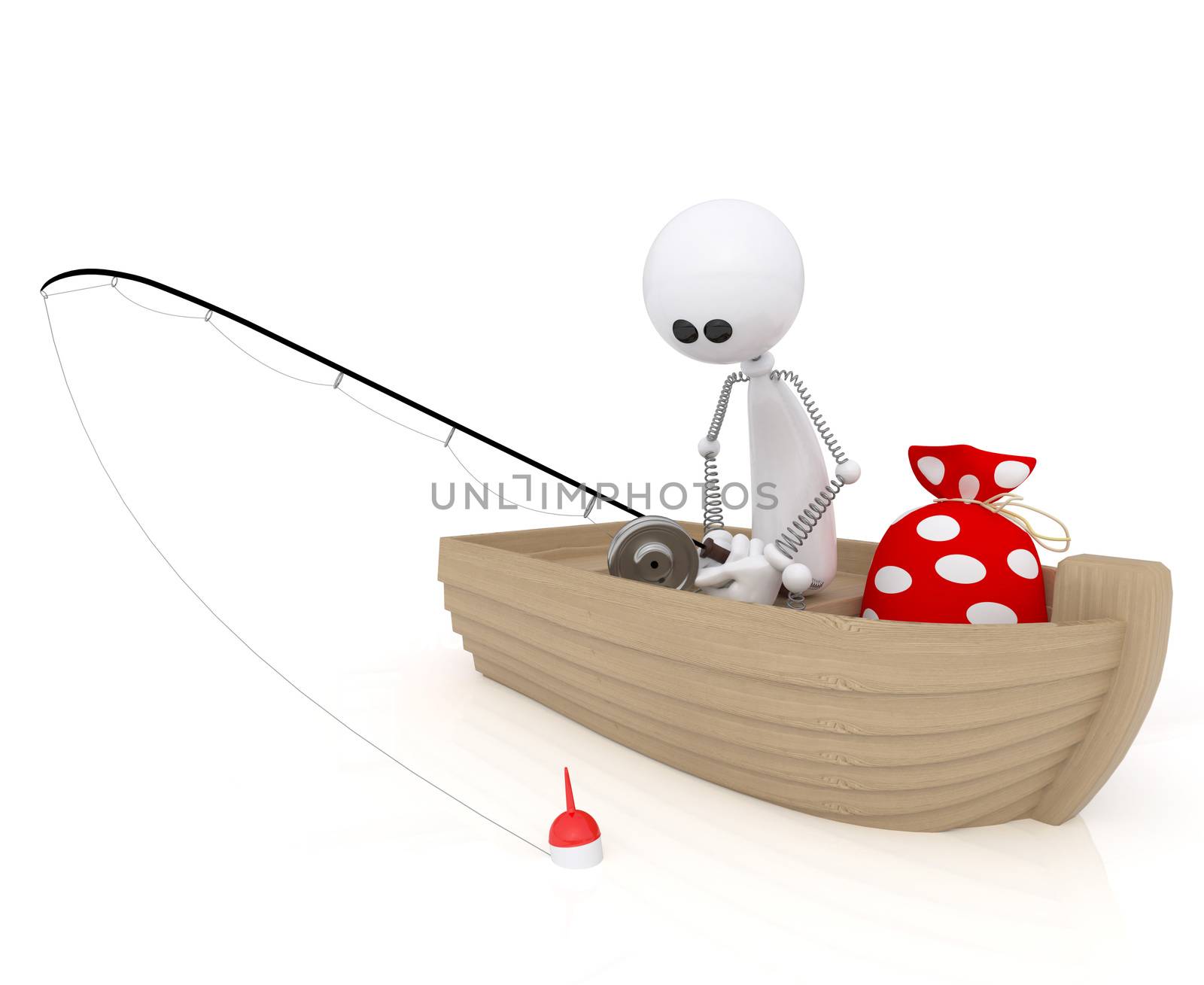 The character in the boat on fishing with a rod.