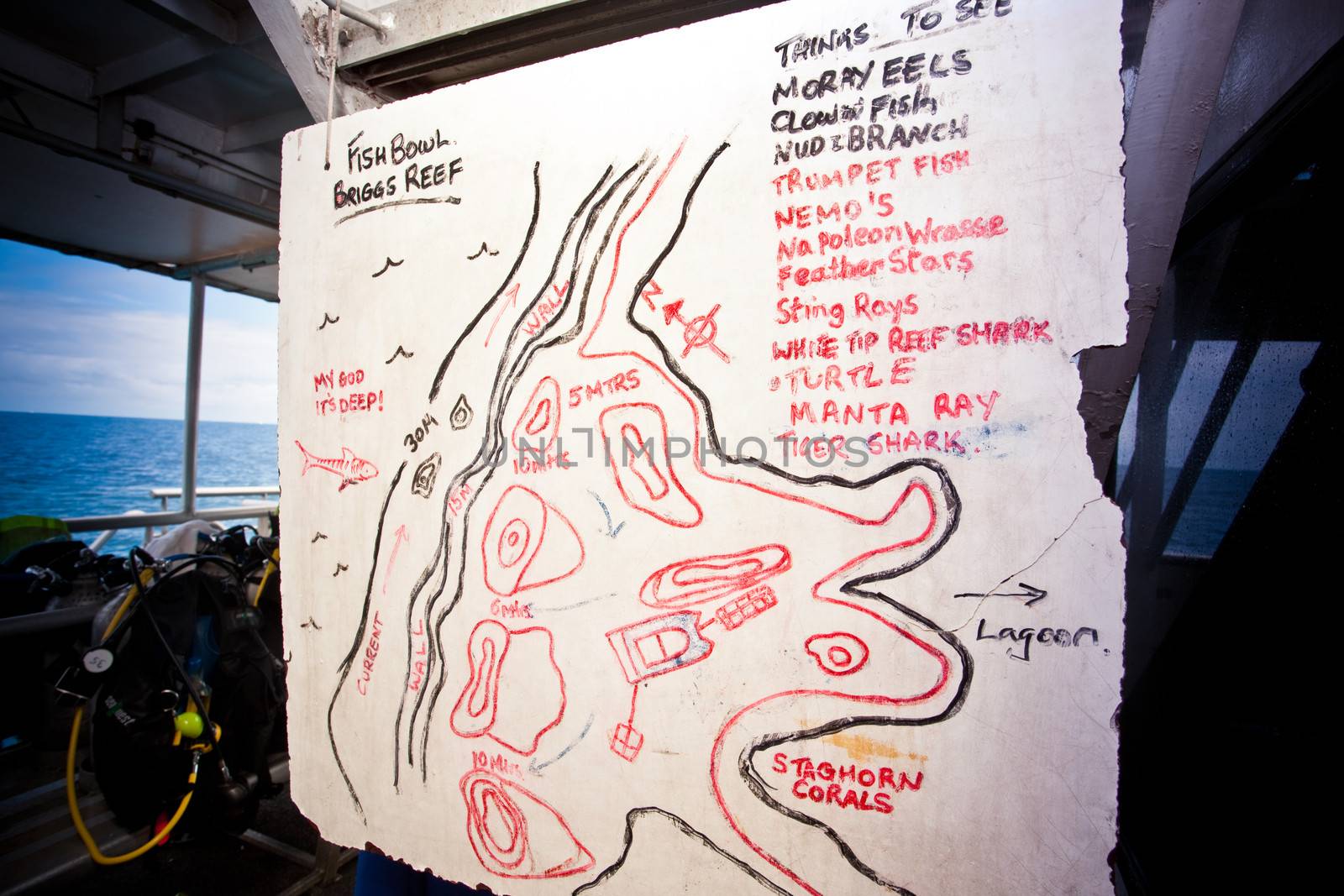 Pictogram of the Great Barrier Reef on a dive ship marking out areas of interest for divers before they enter the water