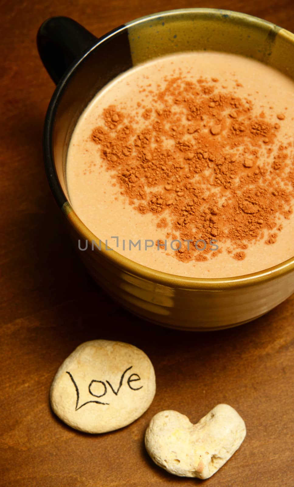 hot chocolate with love on a wood background