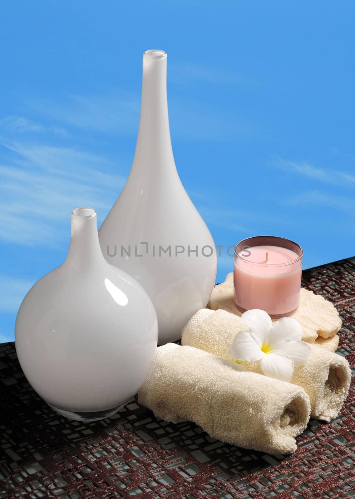 spa products on a background with a beautiful blue sky