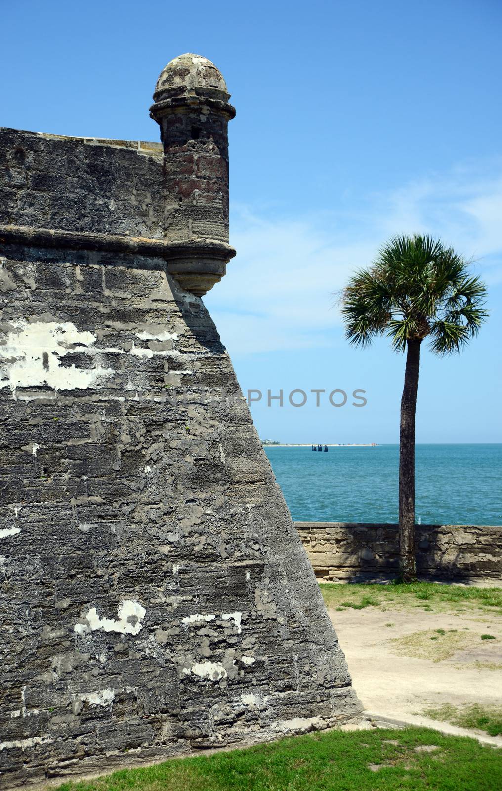 lookout tower with ocean and palm tree at Castillo de San Marcos fort