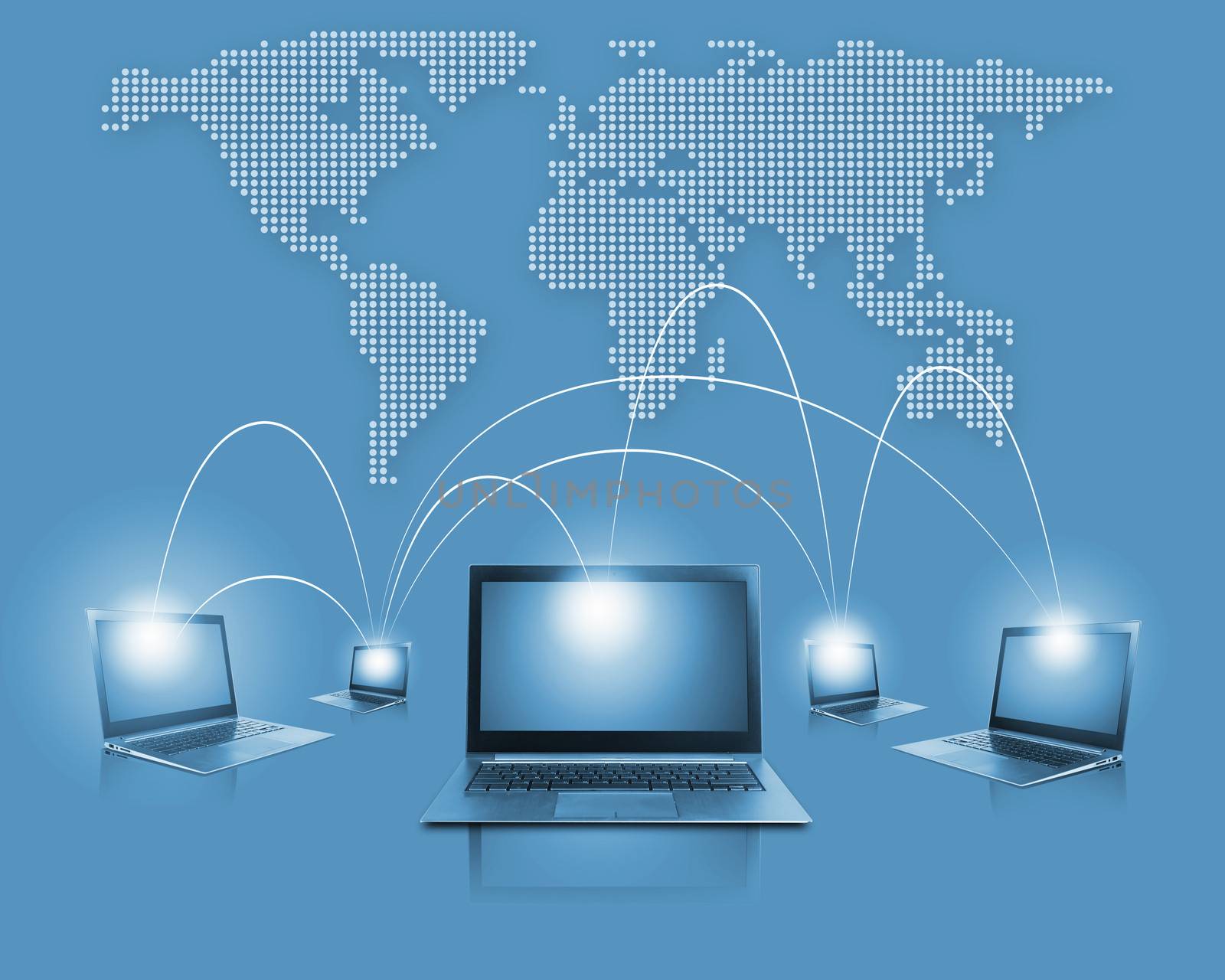 Laptops against world map background. Connection and cooperation