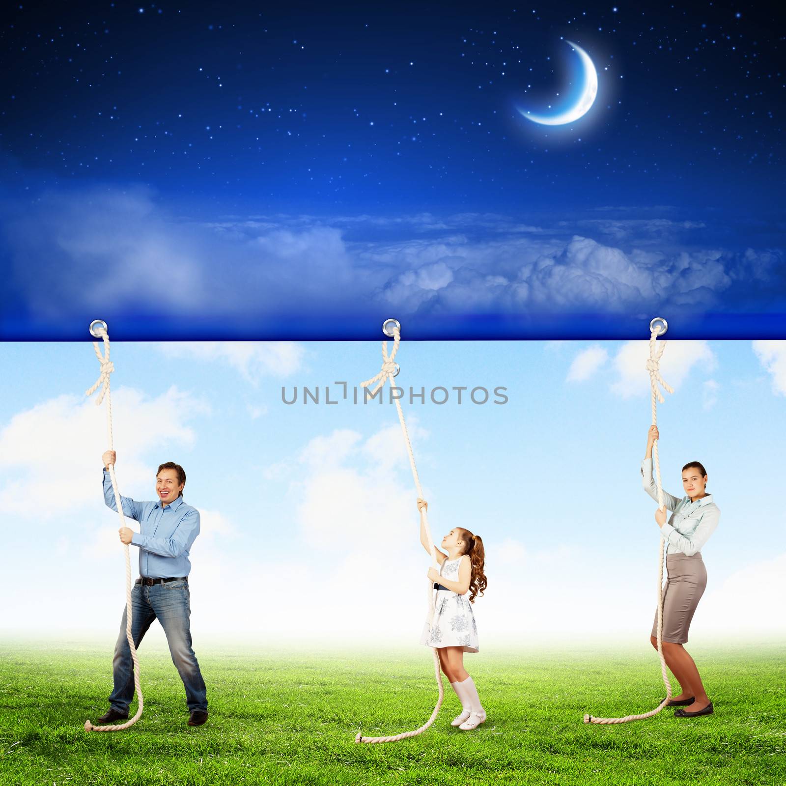 Image of young happy family pulling banner with night illustration