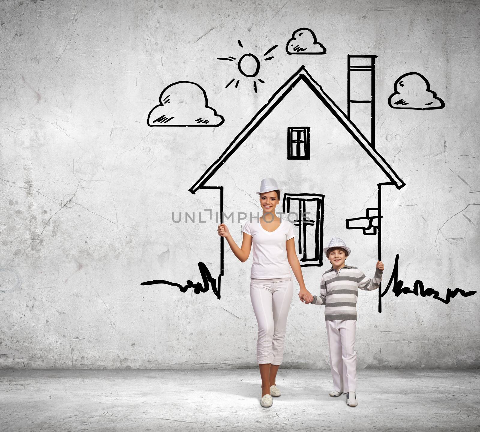 Image of mother and son in house. Mortgage concept