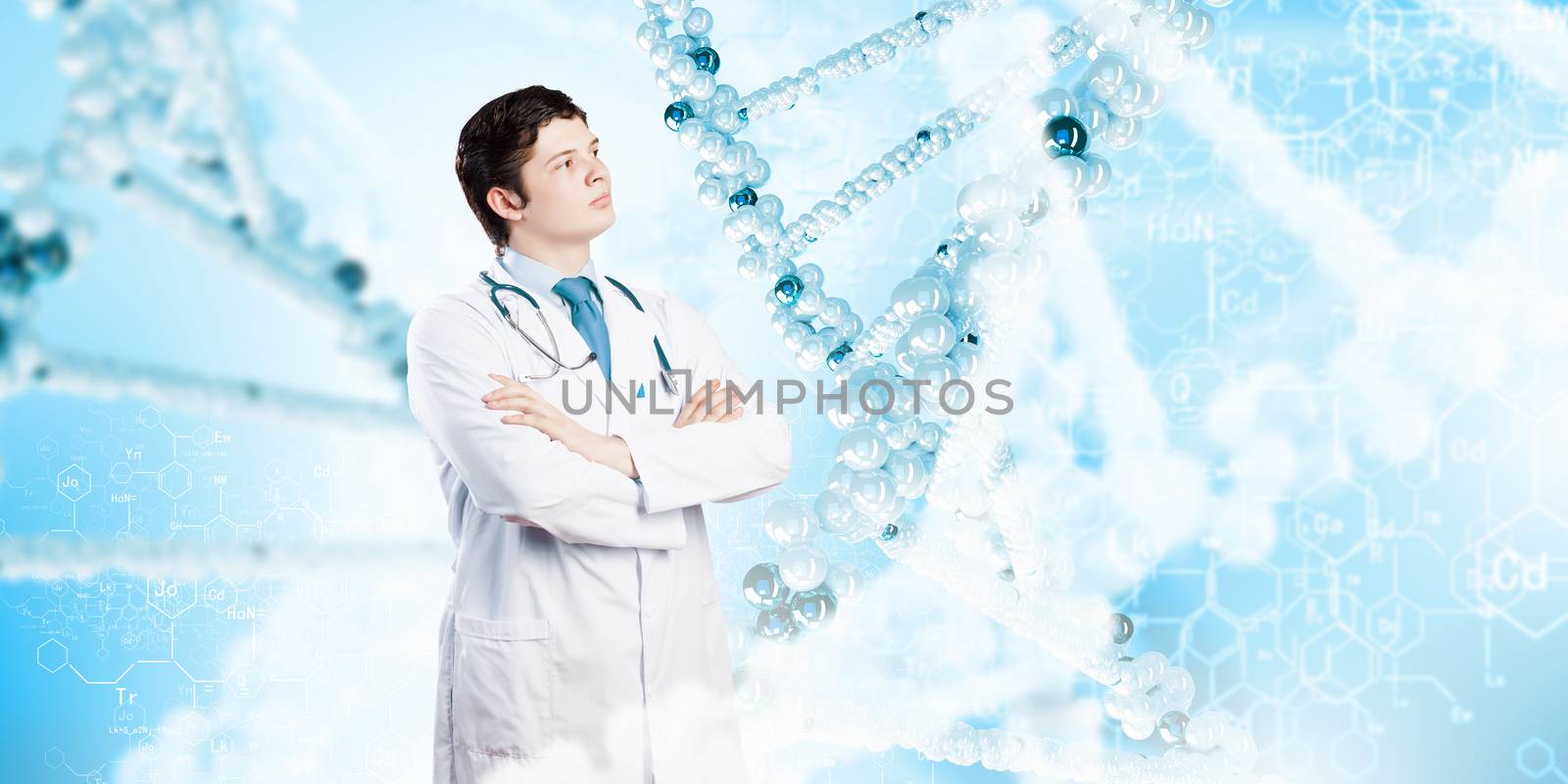 Image of happy confident doctor in uniform against blue background
