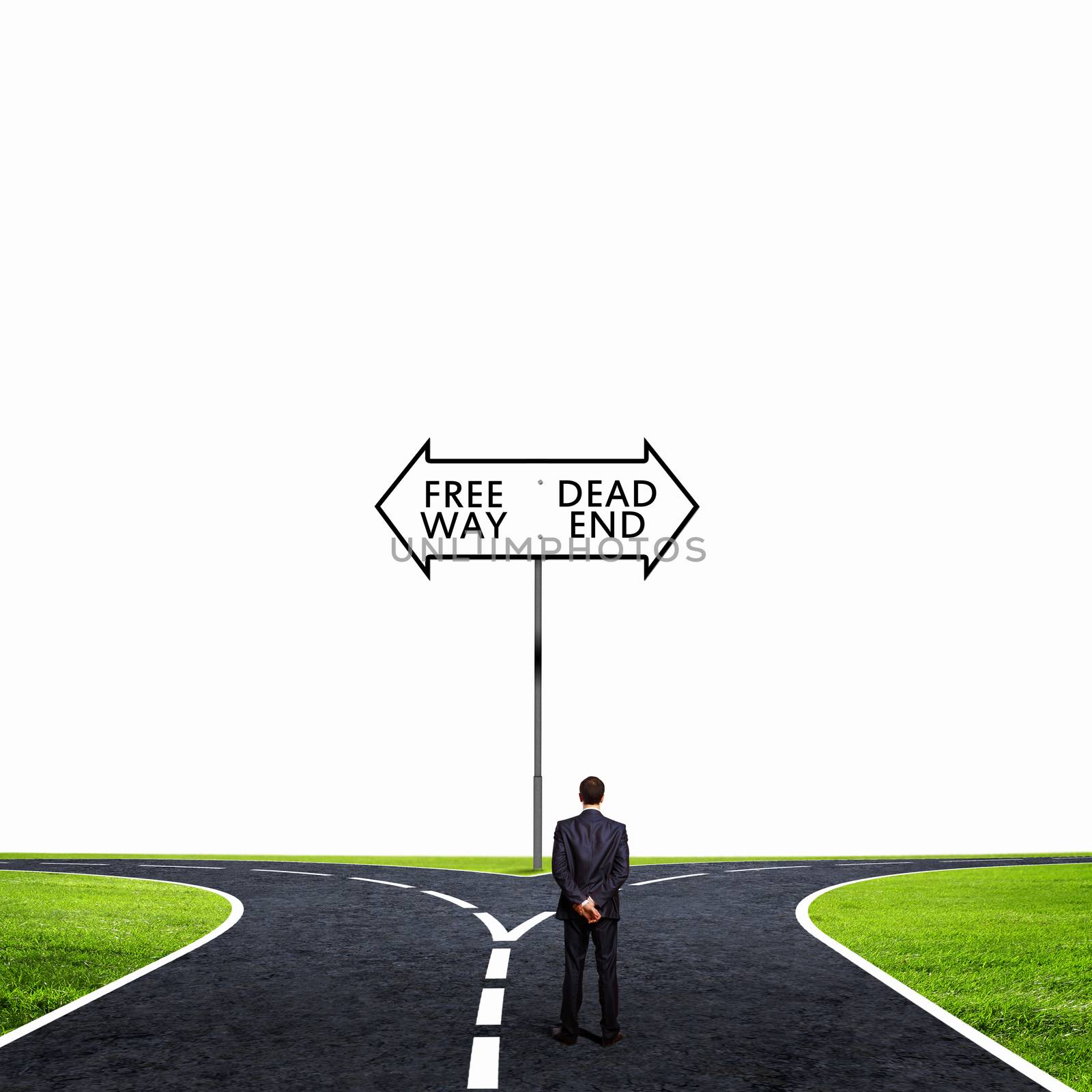 Back view of businessman standing at crossroads. Choice concept